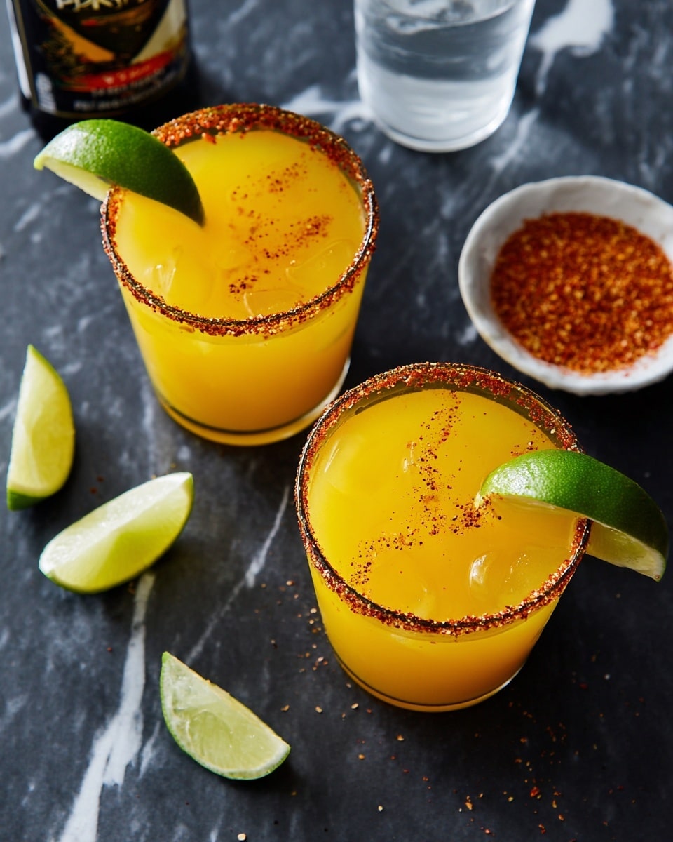 Two clear glasses filled with bright yellow-orange liquid sit side by side, each with rims coated in a reddish spice mix and a thin slice of lime perched on the edge. One lime slice is inserted at a slight angle dipping into the drink, and the other is positioned flat on the rim. The drinks rest on a dark surface, scattered with lime wedges, a small white bowl filled with a reddish seasoning, and a clear glass of water. The whole scene is set against a white marbled texture. photo taken with an iphone --ar 4:5 --v 7