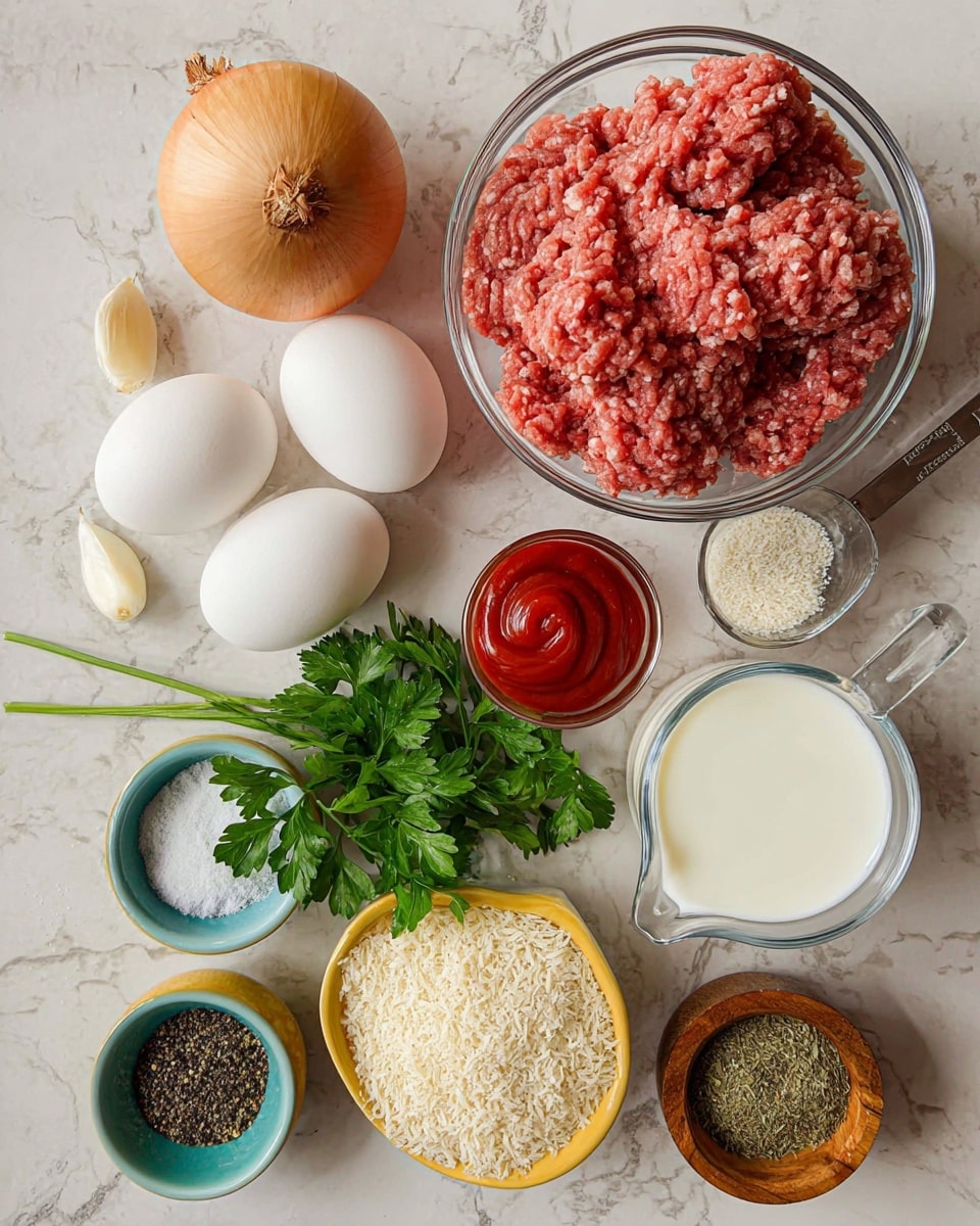 The image shows several cooking ingredients arranged on a white marbled surface. At the top right, there is a clear glass bowl filled with raw ground meat, pink and slightly chunky. To the left of the bowl is a whole brown onion with a papery skin, and next to it are three peeled garlic cloves. Below the garlic, two whole white eggs sit side by side. A small glass bowl with a swirl of red ketchup is placed near the eggs. Fresh green parsley leaves lie below the eggs and meat bowl, adding a touch of color. To the right of the parsley, a metal measuring cup holds white milk. Around the center bottom are three small bowls: a blue-green bowl with black pepper, a wooden bowl with white salt, and a yellow bowl with mixed dried herbs. In front of the herbs is a metal measuring cup filled with white breadcrumbs. All items are placed neatly for clear visibility. Photo taken with an iphone --ar 4:5 --v 7