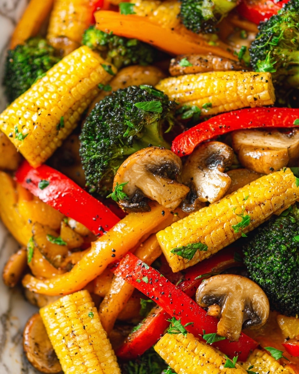 The image shows a close-up of a mixed vegetable dish with several layers of colorful vegetables. There are bright yellow baby corn pieces, dark green broccoli florets, red and yellow sliced bell peppers, and light brown mushroom slices. The vegetables are coated lightly with black pepper and green herbs scattered on top, giving a fresh and slightly spicy look. The texture of the vegetables varies from smooth mushrooms to firm corn and leafy broccoli. The dish is presented on a white marbled background. photo taken with an iphone --ar 4:5 --v 7