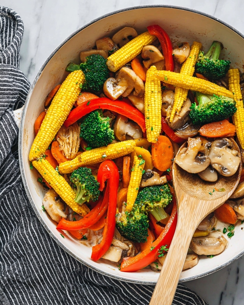 The image shows a white pan filled with colorful cooked vegetables. The top layer has bright yellow baby corn arranged in different directions, red and yellow bell pepper slices, and green broccoli florets. Underneath, there are orange carrot slices and light brown mushrooms, some chopped and some whole. The vegetables look lightly seasoned with bits of green herbs sprinkled all over. A white spoon with a wooden handle is scooping some of the vegetables, resting on the right side of the pan. The whole scene is on a white marbled surface with a black and white striped cloth partially visible. Photo taken with an iphone --ar 4:5 --v 7