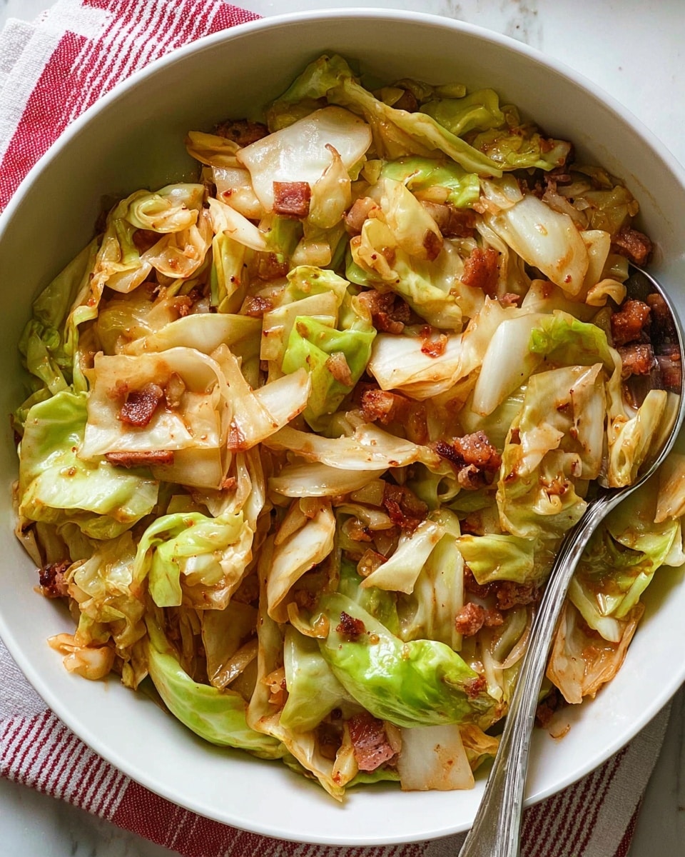 A white bowl filled with cooked cabbage pieces that are mostly light green and creamy white, mixed with small chunks of browned meat and bits of onion, all coated in a light reddish-brown sauce. The cabbage pieces vary in size with some showing soft, slightly wilted edges. A silver spoon rests inside the bowl on the right side. The bowl is placed on a white marbled surface with a red and white striped cloth partially visible underneath photo taken with an iphone --ar 4:5 --v 7