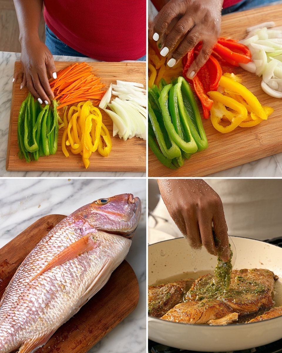 The image shows four steps of preparing a whole fish dish. The first step displays a wooden cutting board filled with five neat piles of cut vegetables: thin orange carrot sticks, bright green green pepper strips, yellow bell pepper slices, thick white onion strips, and red bell pepper slices, held by a woman in a red top. The second step focuses on a woman's hand with white nails making shallow diagonal cuts along the side of a raw whole fish with shiny pinkish scales, placed on a wooden surface. The third step captures the fish being lifted by a woman’s hand coated with a green herb paste, from a glass bowl containing the green paste and seasoning. The final step shows the same fish frying in oil in a white pan with a golden-brown crispy texture and visible layer marks from the cuts. The background is a white marbled texture. photo taken with an iphone --ar 4:5 --v 7