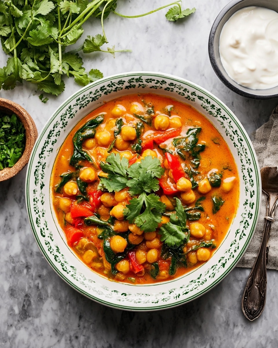 A bowl of chickpea curry with a thick orange sauce fills a white bowl with green floral patterns along the edge. Inside the curry, there are round yellow chickpeas, bright red bell pepper pieces, and dark green spinach leaves scattered throughout. Fresh green cilantro leaves are placed on top for garnish. The bowl sits on a white marbled surface, with some cilantro leaves and small bowl of chopped cilantro to the left. To the right, a silver spoon lies next to a white bowl filled with creamy white yogurt. Photo taken with an iphone --ar 4:5 --v 7