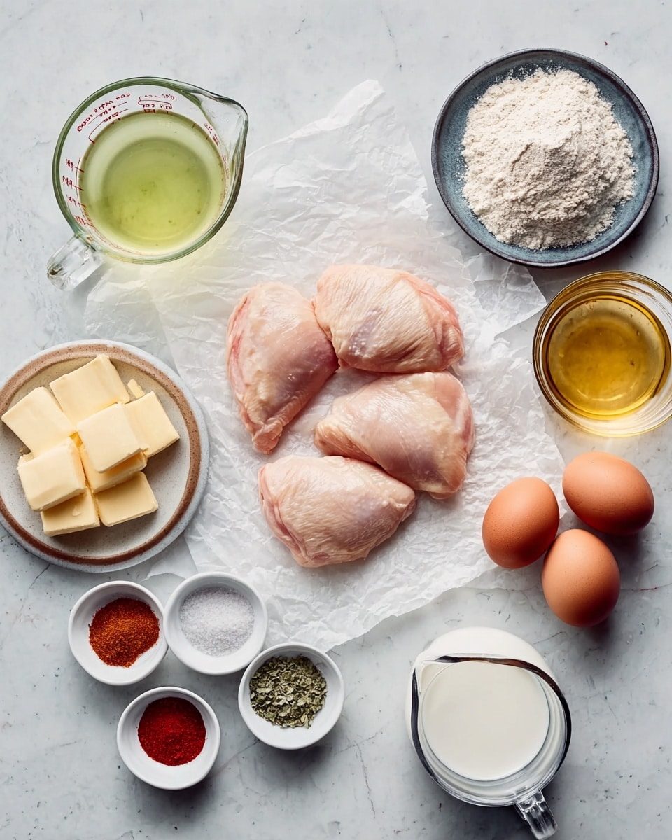 Three raw chicken pieces lie in the center on a crumpled white parchment paper, set against a white marbled surface. To the left, a clear glass measuring cup filled with light green oil sits near small bowls containing black pepper, salt, and four squares of pale yellow butter on a dark round dish. To the right, three brown eggs rest near a white bowl filled with white flour and a glass jar of golden liquid. Below, five small white dishes hold different spices in red, light brown, and green hues, and a clear glass measuring cup contains white milk. photo taken with an iphone --ar 4:5 --v 7