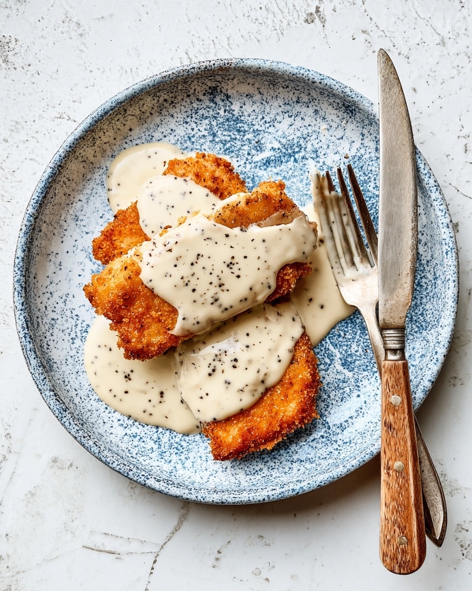 The image shows two pieces of golden brown crispy fried food on a white plate with blue speckles. The pieces are covered with a thick layer of creamy white sauce sprinkled with cracked black pepper. A silver fork with a wooden handle holds a piece of the food on the right side of the plate while a matching knife with some sauce on the blade rests near the top edge of the plate. The background is a white marbled texture. photo taken with an iphone --ar 4:5 --v 7