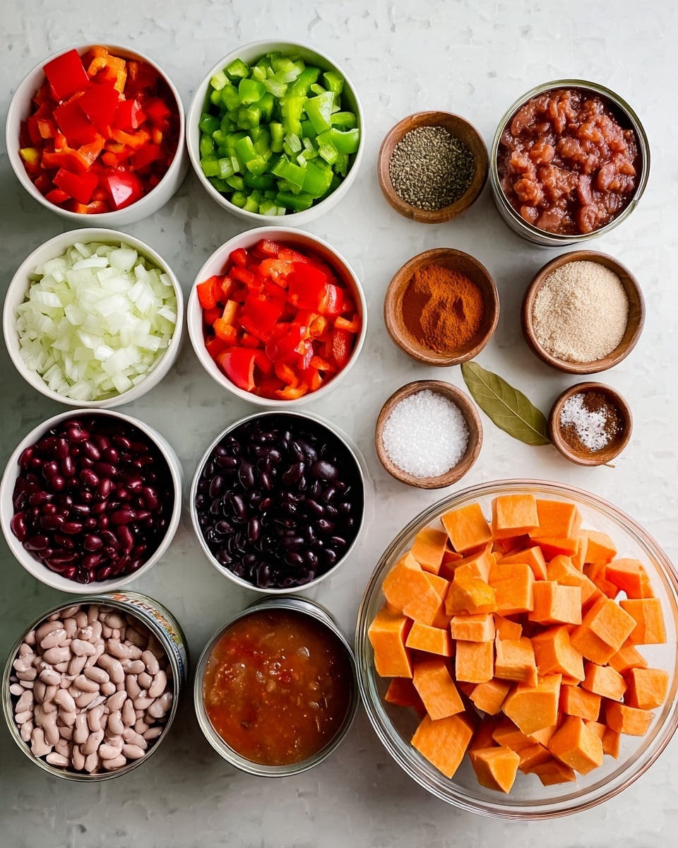 The image shows various ingredients arranged neatly on a white marbled surface. There are four small white bowls containing diced white onions, chopped red bell peppers, chopped green bell peppers, and ground spices with a reddish-brown color and light brown color. Three open cans show black beans, pinto beans, and kidney beans. A large clear glass bowl is filled with chunks of orange sweet potatoes. Small wooden bowls hold minced garlic and a mix of salt and black pepper. There is an open can of diced tomatoes and a bay leaf sitting near the center. The colors of the ingredients range from bright orange, green, and red to dark black and brown, showing freshness and variety. photo taken with an iphone --ar 4:5 --v 7