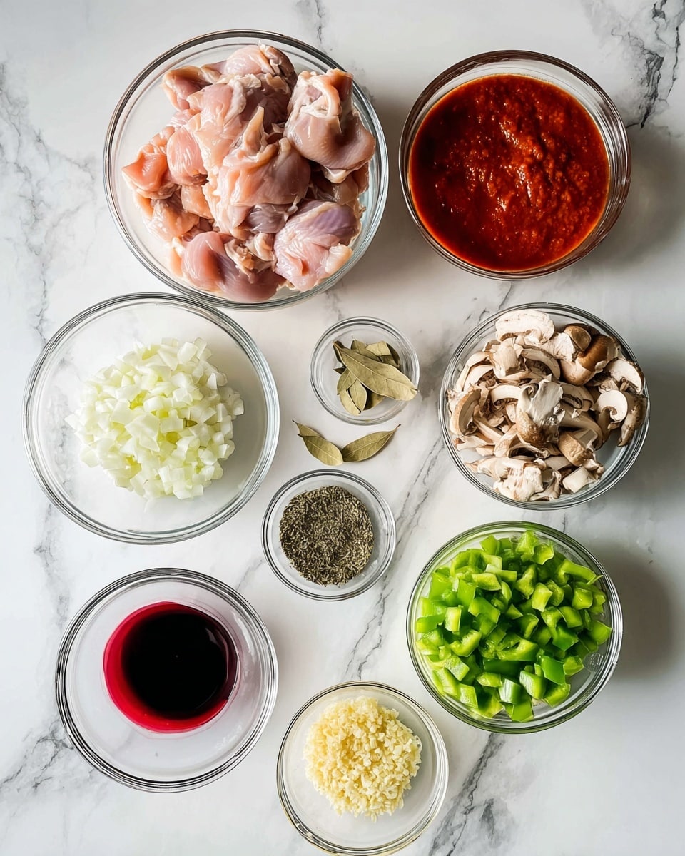 A top-down view of eight clear glass bowls and loose bay leaves arranged on a white marbled surface. Starting from the top, a large bowl holds raw pink skin-on chicken pieces with light fat patches. To the right, another large bowl contains a chunky textured deep red sauce. Below that, a medium bowl is filled with beige and light brown sliced mushrooms with irregular shapes. To the left of mushrooms, a medium bowl holds finely chopped white onions with a smooth texture. In the bottom left corner, a small bowl contains a deep red wine liquid with smooth reflections. Above it, a small bowl holds dried herbs, dark green and finely chopped. Centered on the left side, a medium bowl contains bright green diced bell peppers with a shiny moisture surface. Lastly, near the center is a very small bowl of finely minced pale yellow garlic, all set on a white marbled texture. Photo taken with an iphone --ar 4:5 --v 7