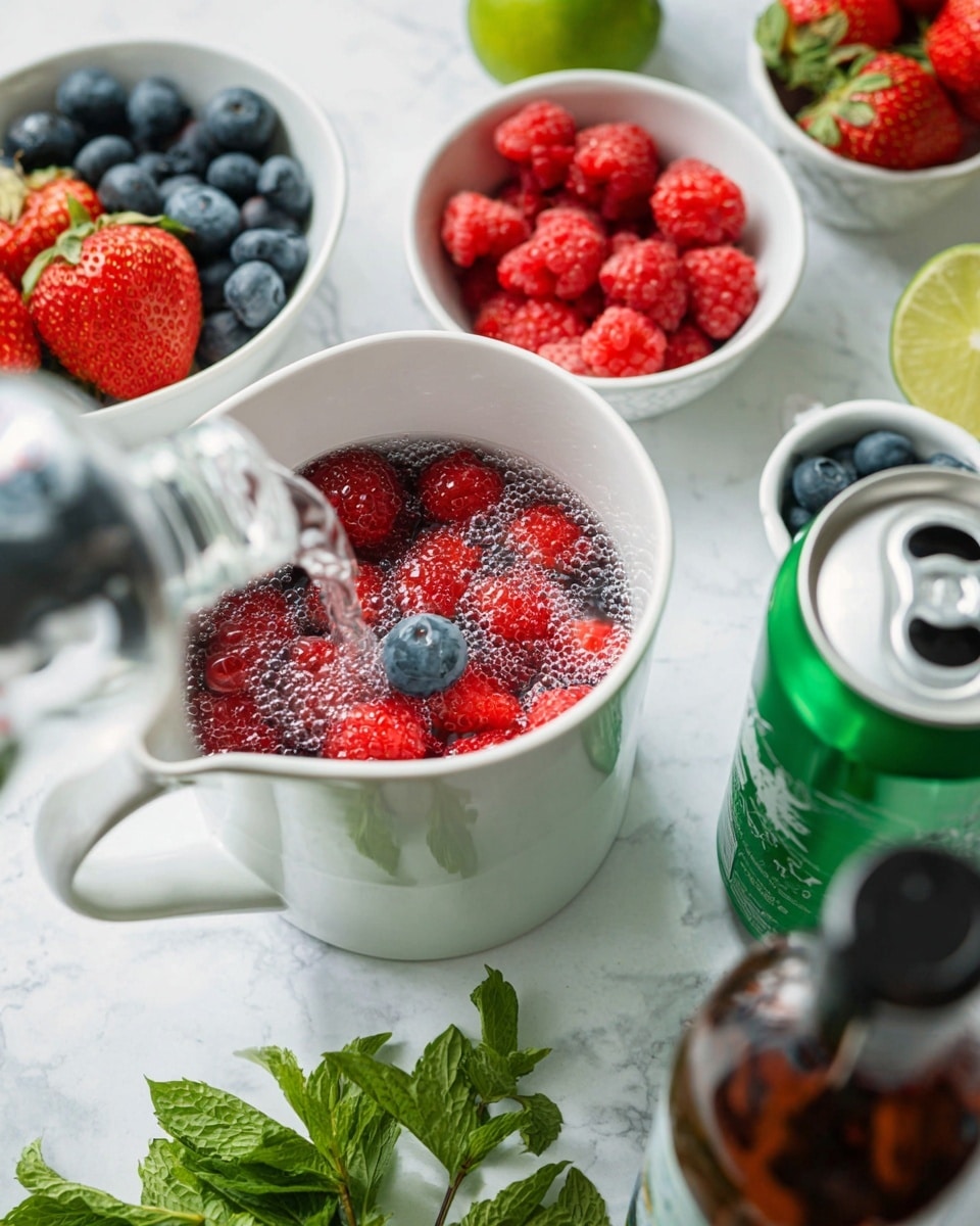 The image shows a white pitcher filled with fresh red raspberries and a single blueberry at the bottom, with sparkling liquid being poured into the pitcher from the left side, creating bubbles around the berries. Around the pitcher, there are several white bowls and containers with bright red strawberries, red raspberries, and dark blue blueberries. To the right, there is a green and white soda can, a dark brown bottle, green lime, and fresh green mint leaves scattered on a white marbled surface. Photo taken with an iphone --ar 4:5 --v 7