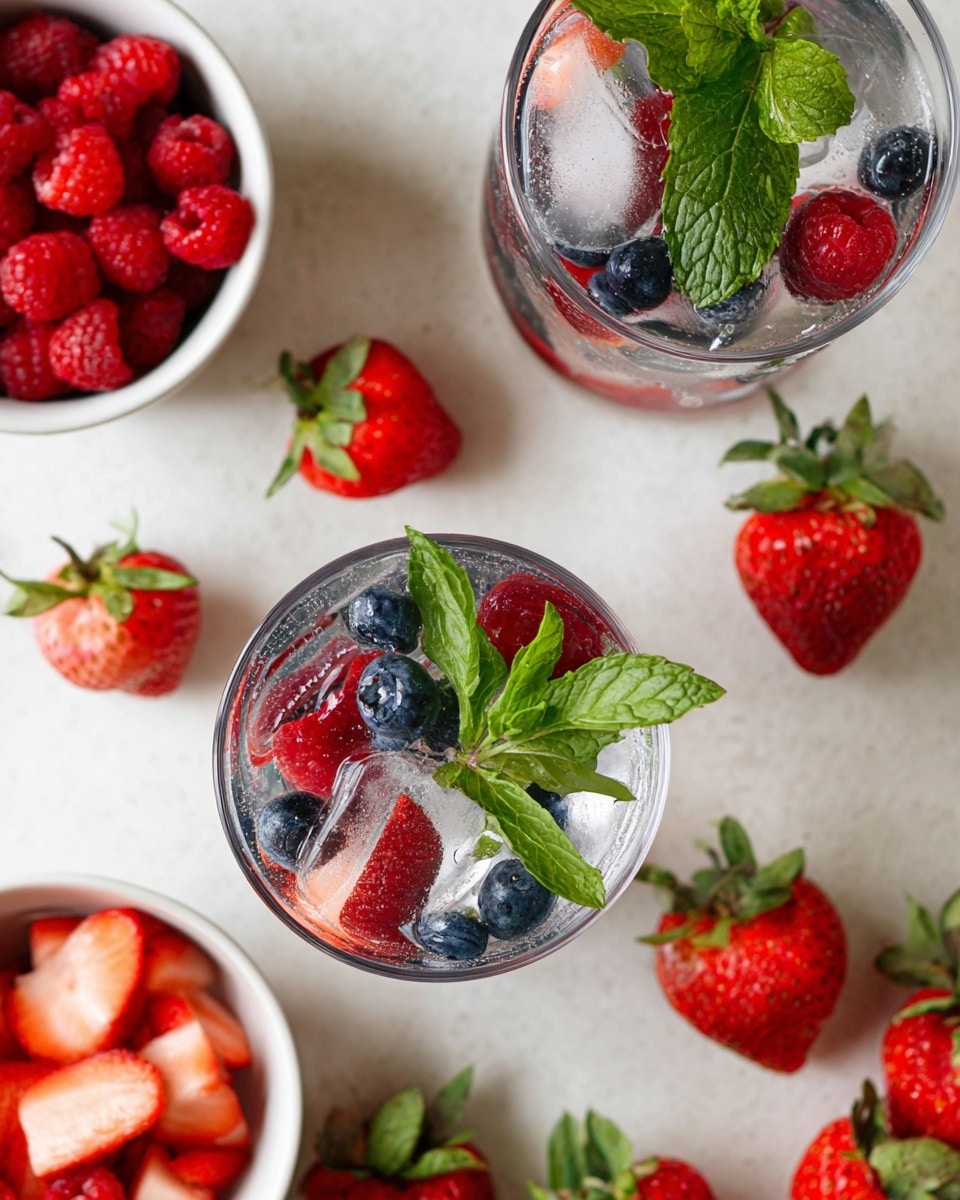 Two clear glasses are filled with ice cubes and mixed berries including whole blueberries, raspberries, and sliced strawberries, with bright green fresh mint leaves placed on top of each glass. Around the glasses on a white marbled surface are whole strawberries scattered, and two small white bowls are visible, one filled with raspberries and the other with sliced strawberries. The colors are vibrant with red, blue, and green standing out against the white background. Photo taken with an iphone --ar 4:5 --v 7