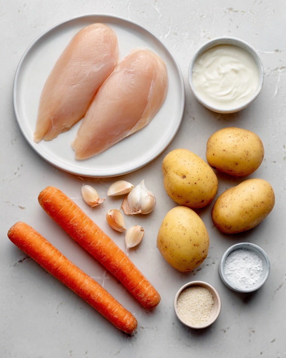 The image shows two raw chicken filets placed side by side on a white round plate, positioned in the upper left center. Below the plate, three whole carrots with a smooth orange surface lie diagonally on a white marbled texture. To the right of the carrots, three whole yellow potatoes with a slightly rough texture rest close together. A half onion with a smooth pale yellow outer skin and white inside is placed below the potatoes. Scattered around are small bowls and garlic cloves: a bowl filled with white cream near the top right corner, two small bowls with white powders near the bottom right, and two garlic cloves with light brown papery skins near the top left. Photo taken with an iphone --ar 4:5 --v 7