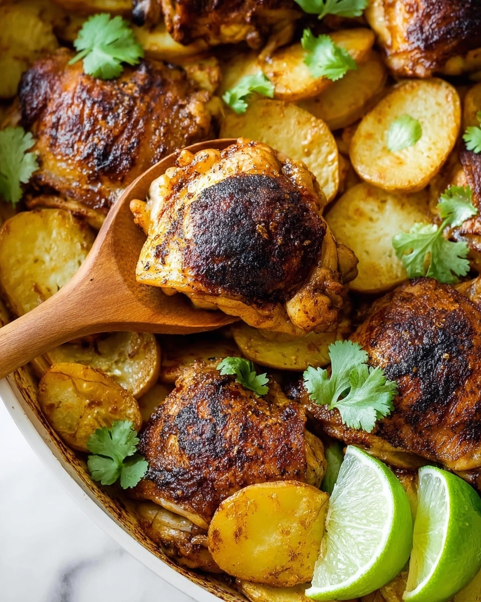 The image shows a dish with several pieces of cooked chicken thighs on top of a layer of golden brown sliced roasted potatoes. The chicken thighs have a crispy, dark brown skin with a slightly charred look, giving a textured and rich appearance. The potato slices underneath them are golden with light browning edges, creating a warm, soft contrast to the crispy chicken. There are fresh green cilantro leaves scattered across the dish for a touch of color, and two lime wedges are placed on the right side, adding a fresh green and pale yellow contrast. A wooden spoon is lifting one piece of chicken and potatoes from the white dish, set on a white marbled surface. photo taken with an iphone --ar 4:5 --v 7