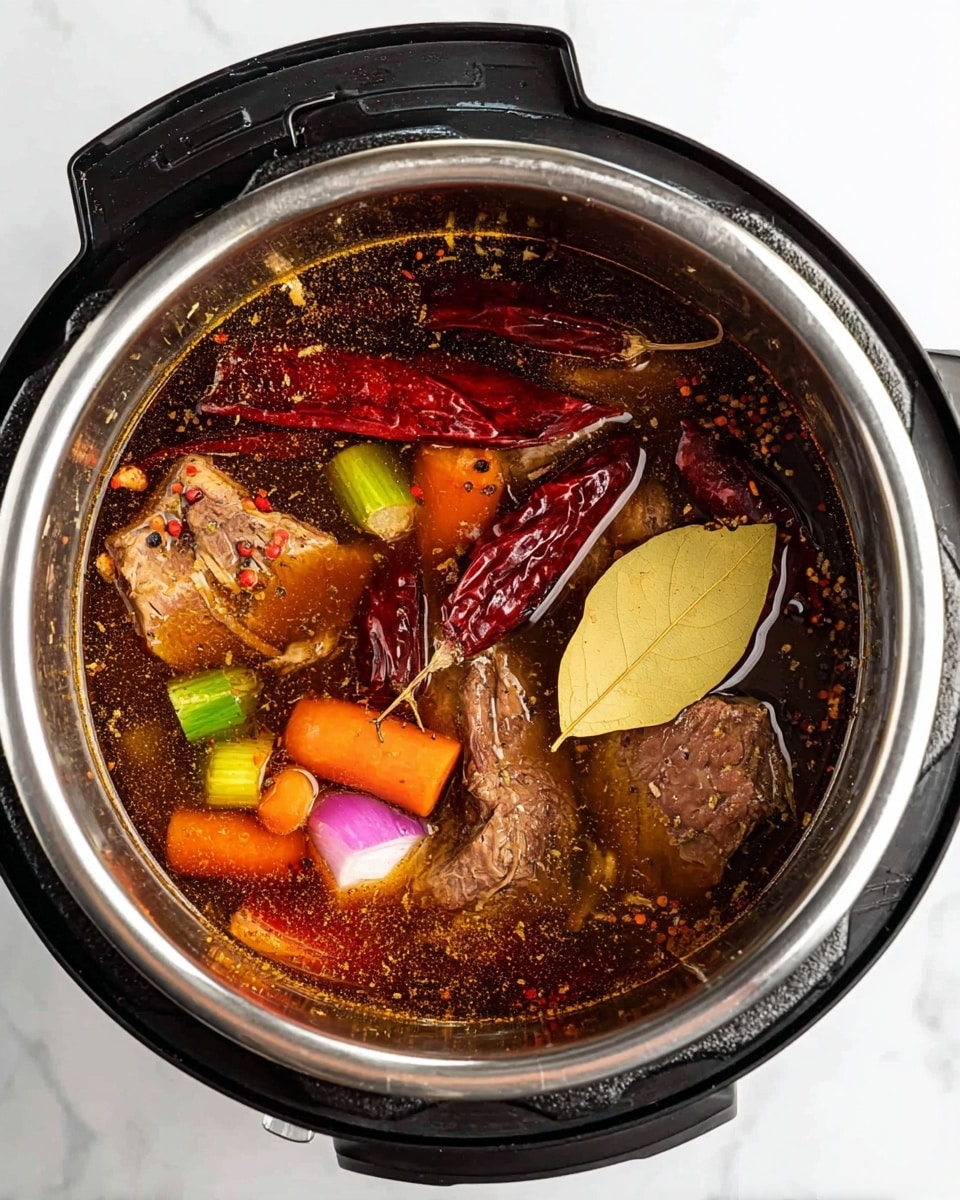 In the image, there is a metal pot inside a black pressure cooker filled with a rich brown broth. Inside the broth, there are several reddish-brown dried chili peppers spread across the top layer. Pieces of browned meat are partially submerged in the liquid, around the chilies. There are colorful vegetable chunks including orange carrots, green celery, and a small purple onion wedge placed near the top edge. A light yellow bay leaf sits prominently on top of the vegetables. The broth surface has visible black spices floating throughout, adding texture and contrast. The whole cooker sits on a white marbled surface. photo taken with an iphone --ar 4:5 --v 7