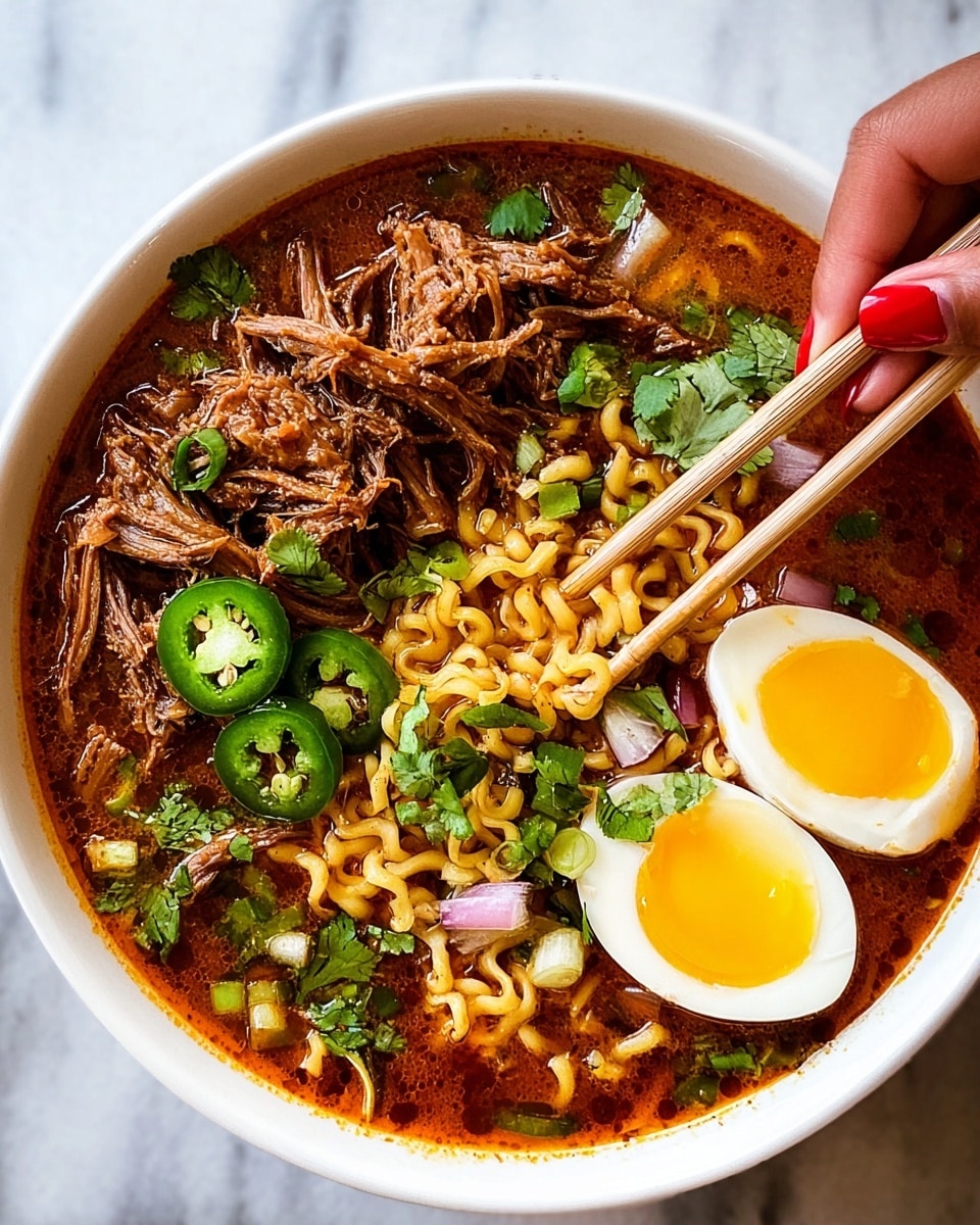 A white bowl filled with a rich, reddish-brown broth that covers curly, yellow noodles at the bottom. On top, there are tender pieces of shredded meat placed mostly on one side. Two halves of a soft-boiled egg with bright yellow yolks and firm whites rest near the edge. Thin green slices of jalapeño pepper and small pieces of chopped cilantro and red onion are scattered across the surface. A woman's hand with bright red nail polish uses light-colored chopsticks to pick up some noodles from the middle of the bowl. The bowl sits on a white marbled surface. photo taken with an iphone --ar 4:5 --v 7