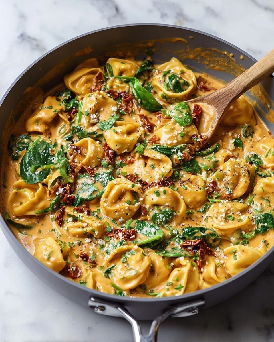 A gray pan filled with a creamy orange sauce mixed with small folded yellow pasta pieces, bright green spinach leaves, and bits of dark red sun-dried tomatoes, all topped with small white cheese sprinkles and green herb flakes; a wooden spoon with some sauce rests inside the pan, which sits on a white marbled surface photo taken with an iphone --ar 4:5 --v 7