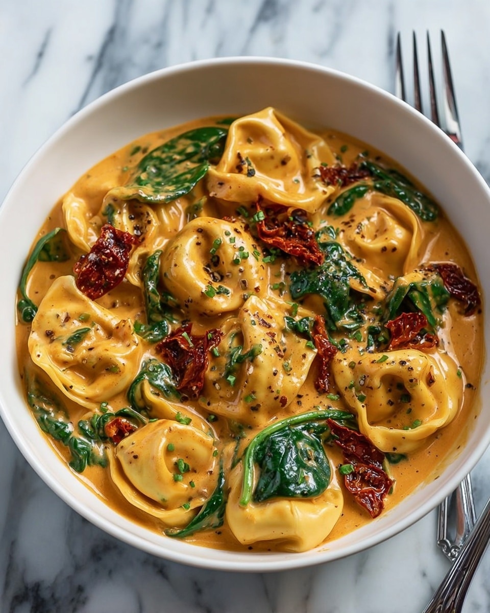 A white bowl filled with a creamy orange sauce holding folded tortellini pasta with a smooth, soft texture in the sauce, mixed with bright green fresh spinach leaves and dark red sun-dried tomatoes scattered on top. The sauce has a rich, smooth look with some specks of black pepper and green herbs sprinkled over the dish. The bowl is placed on a white marbled surface with a silver fork positioned next to it. photo taken with an iphone --ar 4:5 --v 7