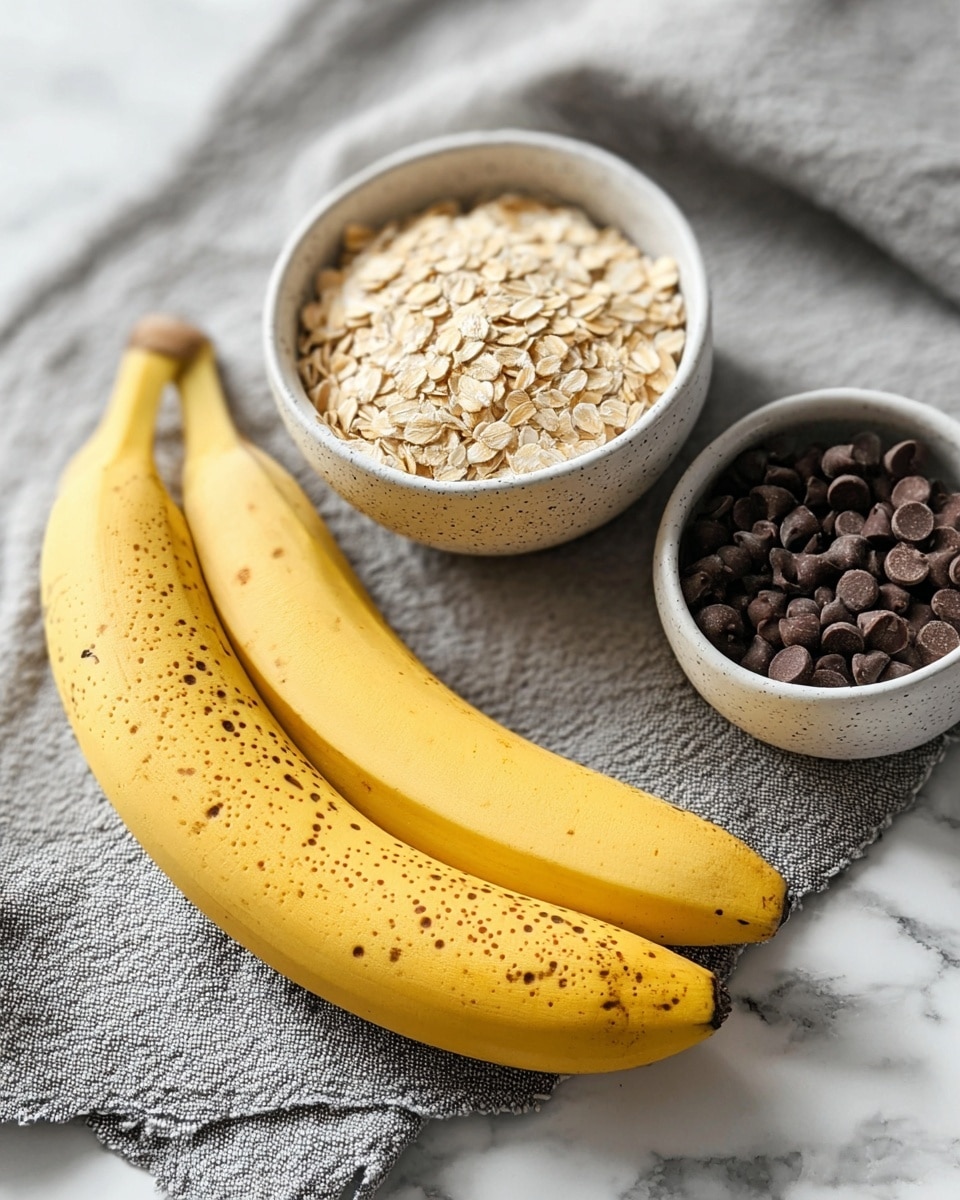 Two ripe yellow bananas with brown spots lie on a white marbled surface, next to two small white bowls with dark speckled edges; one bowl is filled with light beige rolled oats and the other with glossy dark brown chocolate chips. A textured gray and white cloth is partially visible behind the bananas. The lighting is soft and natural, highlighting the textures and colors. photo taken with an iphone --ar 4:5 --v 7