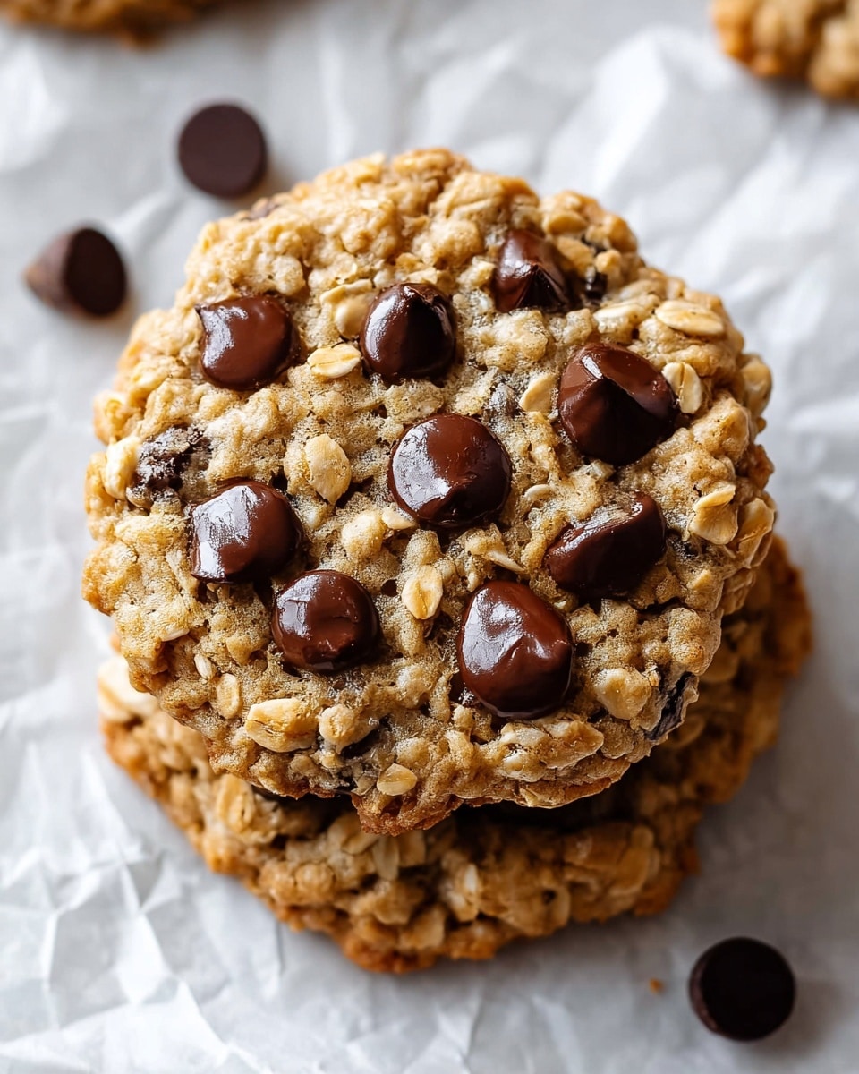 The image shows a close-up of two stacked oatmeal cookies with chocolate chips on top, placed on crumpled white paper over a white marbled surface. Each cookie has a rough texture, with visible oat flakes in light beige and golden brown tones, and dark brown chocolate chips scattered unevenly within the cookies, some slightly melted or glossy. The top cookie is fully visible, with several prominent thick chocolate chips and oatmeal pieces, while the bottom cookie is partially seen underneath. There are also a few chocolate chips lying loose around the cookies. Photo taken with an iphone --ar 4:5 --v 7
