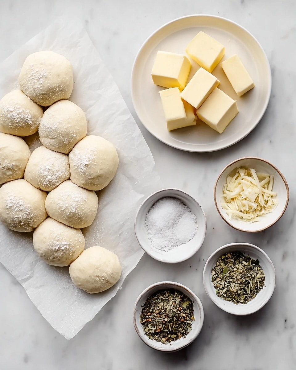 A stack of small round dough balls with a light dusting of flour sit on white parchment paper to the left, showing soft and smooth texture; to the right, five small white bowls hold different ingredients arranged in two rows—the top row has a bowl of flaky white salt and a bowl of finely chopped garlic, the bottom row includes three bowls filled with dried herbs in shades of green and brown, and a larger white plate holds cubes of pale yellow butter. All items rest on a white marbled surface. photo taken with an iphone --ar 4:5 --v 7