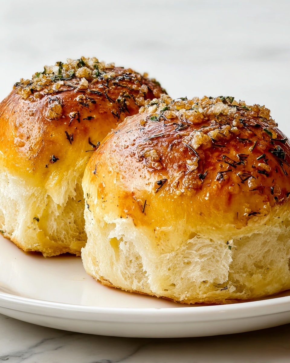 Two soft bread rolls sit side by side on a white plate, with a white marbled surface beneath. Each roll has a shiny golden brown top mixed with small bits of herbs and coarse salt crystals, adding texture and color. The sides and bottom of the rolls are pale yellow with a fluffy and tender look, showing light flecks of herbs inside. The top has a slightly rough texture with small rough patches, while the body looks smooth and soft. Photo taken with an iphone --ar 4:5 --v 7