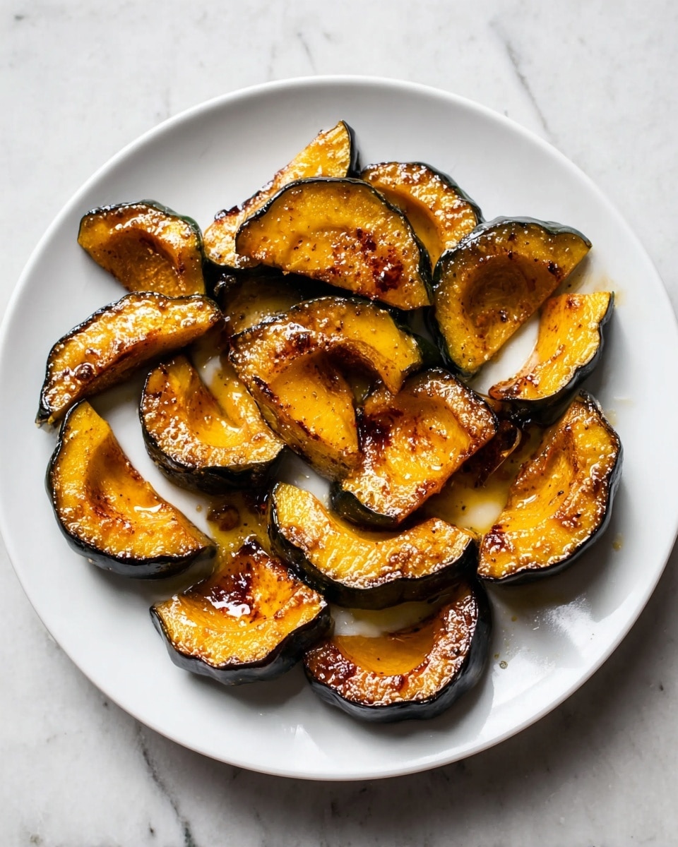 A white plate holds about a dozen pieces of roasted acorn squash, each piece with a dark green outer skin and orange, soft flesh. The squash pieces are cut thick and arranged in a scattered way, showing their caramelized surfaces with a shiny, slightly oily glaze that looks like melted butter and spices. The glaze has a golden brown color with small darker spots, giving the squash a cooked, tender texture with some crisp edges. The plate is set on a white marbled surface. photo taken with an iphone --ar 4:5 --v 7