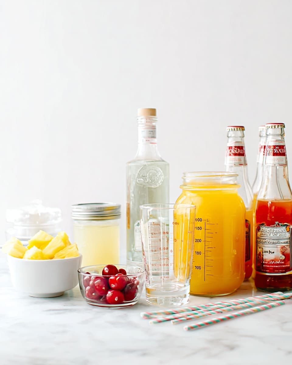 The image shows several drink ingredients arranged on a white marbled surface. From left to right, there is a small white bowl with yellow pineapple slices, a small white jar with a light-colored liquid, and a small clear bowl with bright red cherries. Next, a tall, clear bottle of clear tequila stands prominently with a white label. Beside it is a large mason jar filled with bright yellow-orange juice. To its right, there is a clear glass measuring cup with a transparent liquid marked in black measurements, alongside a smaller glass with a red liquid. Finally, on the far right, there are three white beer bottles with red and orange labels. In the foreground on the surface are three striped pastel-colored stirrers. The background is bright white. photo taken with an iphone --ar 4:5 --v 7