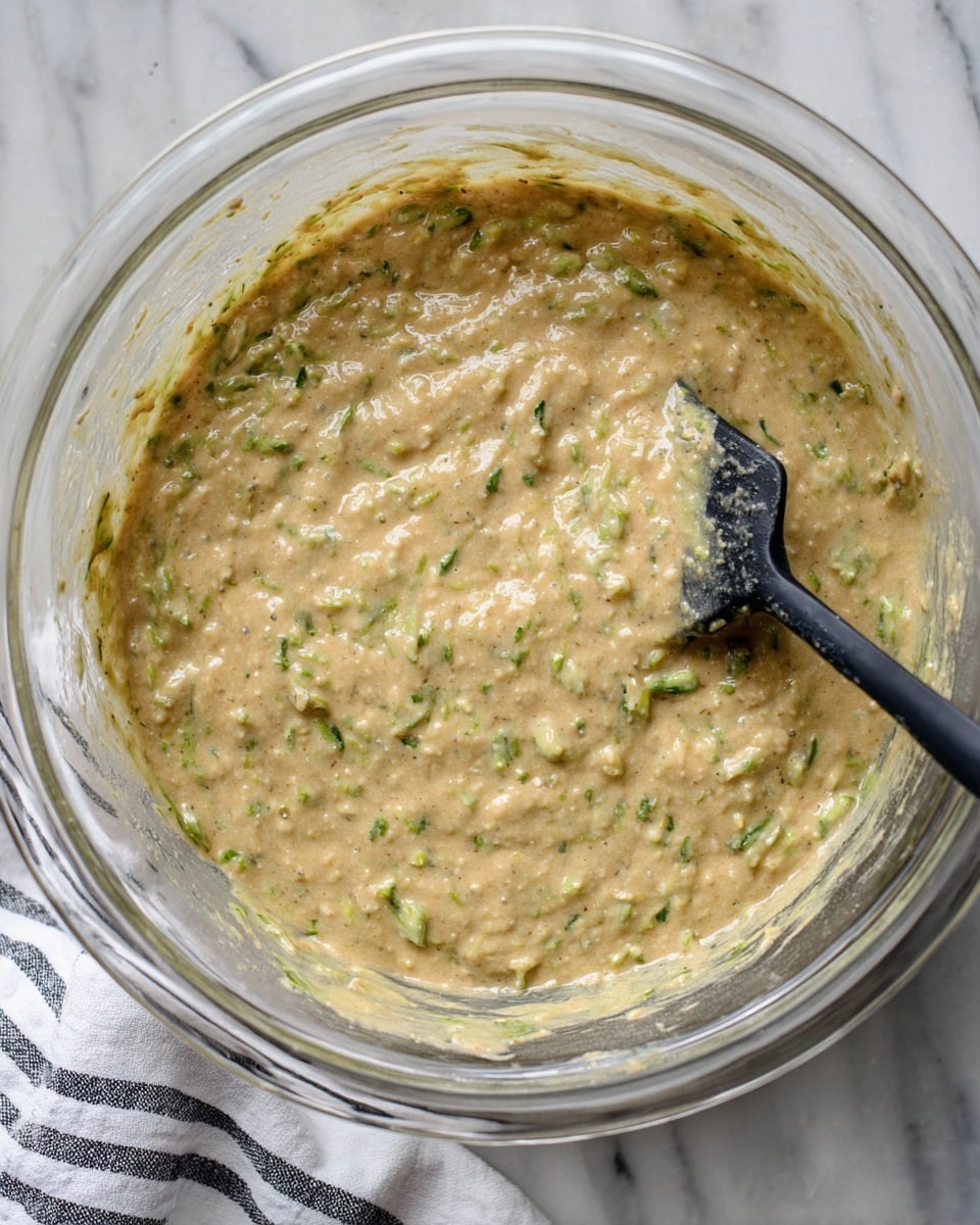 A clear glass bowl filled with a thick batter that shows small green pieces mixed in with a beige base. The texture looks wet and slightly lumpy, with visible small air bubbles on the surface. A black spatula rests inside the bowl, coated with some batter, positioned on the right side. The bowl sits on a white marbled surface with a striped cloth partially visible under the bowl's left edge. photo taken with an iphone --ar 4:5 --v 7