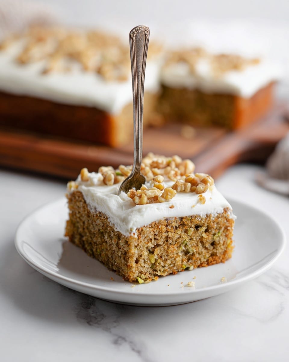 A square piece of light brown cake with small green bits inside sits centered on a white plate, topped with one thick layer of smooth white frosting. Small chopped walnut pieces are scattered evenly on the frosting, adding a textured nutty look. A vintage silver spoon is stuck upright in the middle of the slice, showing slight wear on its reflective surface. The background shows a blurred larger cake on a wooden board, all set on a white marbled surface. photo taken with an iphone --ar 4:5 --v 7