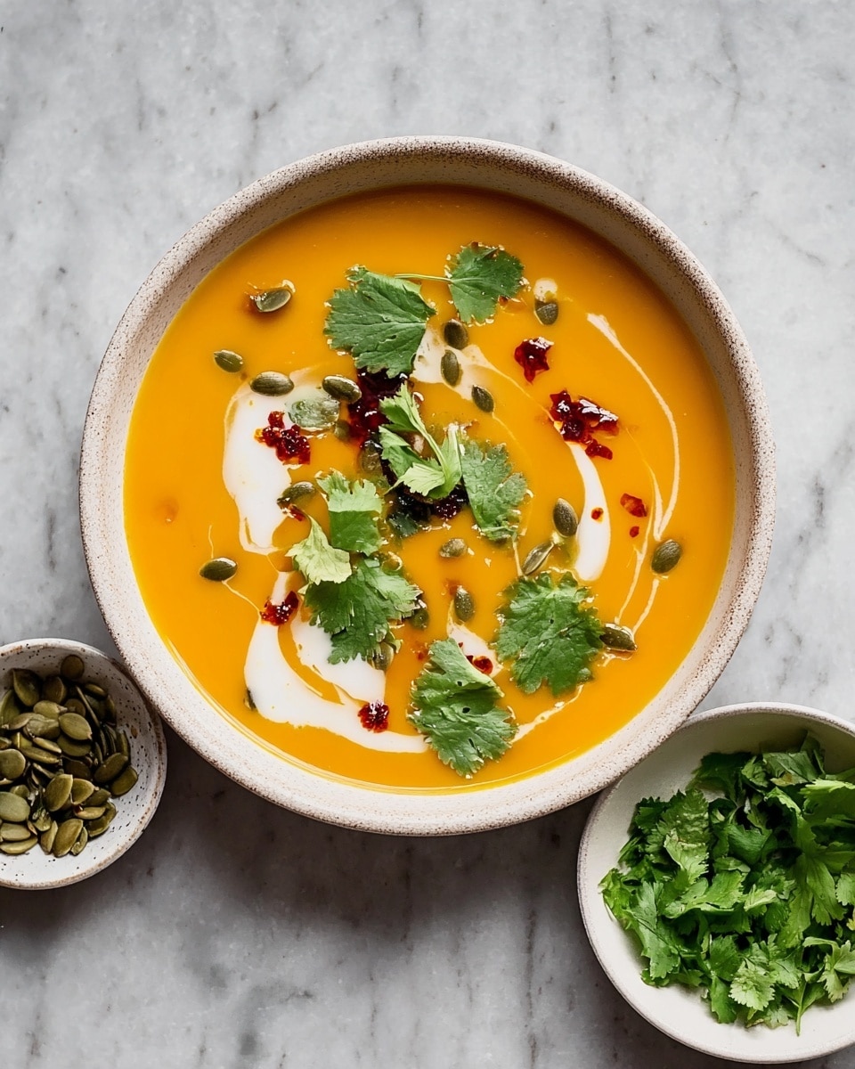 The image shows a bowl of smooth, bright orange soup as the first layer, filling the bowl almost to the top. On the surface of the soup, there is a swirl of white cream creating soft, curvy lines. Scattered across the soup are small, round, green pumpkin seeds and fresh green cilantro leaves spread unevenly. There are also small drops and patches of red chili oil adding bright color spots on the soup. The bowl is white with a rough, textured surface. Next to the bowl, there is a small white bowl filled with fresh cilantro leaves. The background is a white marbled surface. Photo taken with an iphone --ar 4:5 --v 7