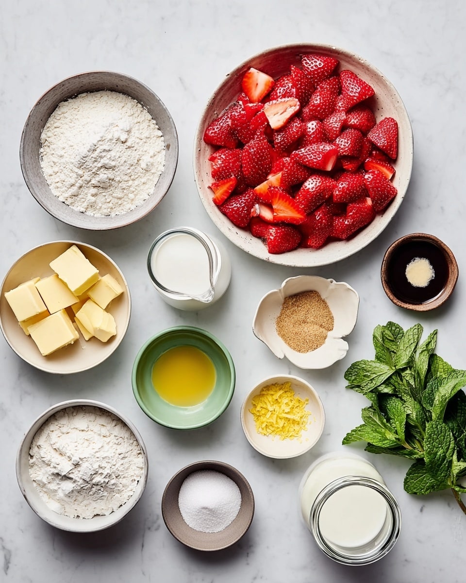This image shows an overhead view of several bowls and small plates arranged on a white marbled surface. In the center is a medium white bowl filled with bright red sliced strawberries. Surrounding it are smaller bowls containing different ingredients: a gray bowl with white flour, a white bowl with cubed yellow butter, a transparent glass cup with milk, a beige bowl with white granulated sugar, a small black bowl with salt, a light green bowl with white powder, a light brown dish holding a mix of baking powder and baking soda, a small white bowl with vanilla extract, a small white bowl with yellow lemon zest, and a small brown bowl with brown sugar. On the far right, there is a small bunch of fresh green mint leaves and a glass jar with cream or yogurt. photo taken with an iphone --ar 4:5 --v 7