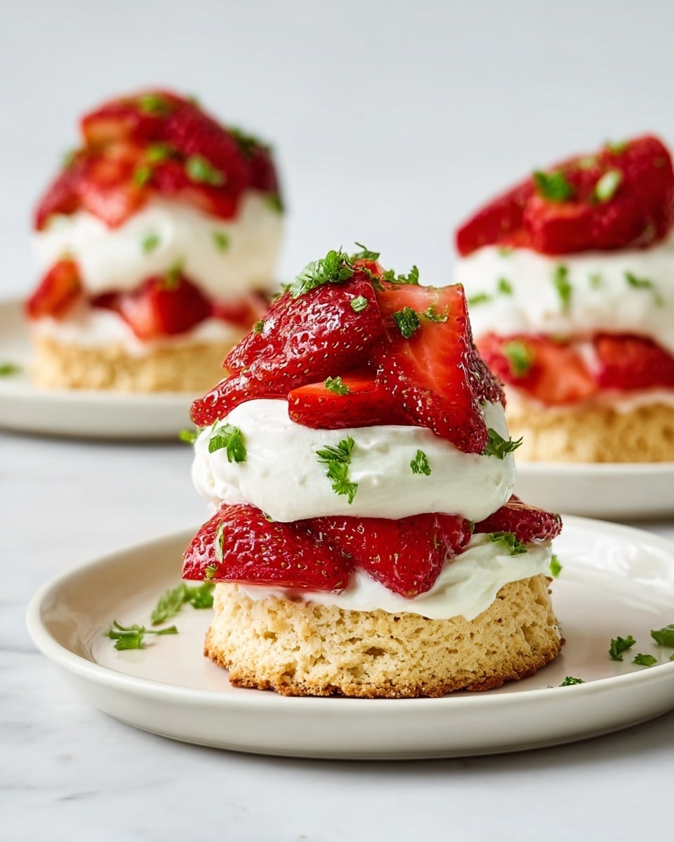 Three small cakes sit on white plates, each cake has three layers: the bottom layer is a light brown biscuit with a rough texture, the middle layer is fluffy white cream soft on top of the biscuit, and the top layer is made of bright red sliced strawberries with small green leaves sprinkled on them. The cakes are arranged in a way that the closest cake is in sharp focus, and the other two are blurred in the background, all set on a white marbled surface. photo taken with an iphone --ar 4:5 --v 7