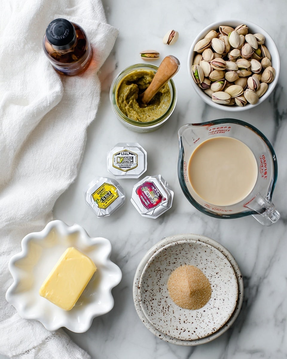 A white marbled surface holds several ingredients arranged neatly: a white scalloped bowl filled with whole pistachios sits at the top right, while a small brown-speckled plate with a square of pale yellow butter is near the bottom center. Next to the butter are two white coffee pods with colorful yellow, red, and blue labels. Above the butter is a small white scalloped bowl containing light brown, soft textured sugar. Close by, there is a glass measuring cup filled with a creamy beige liquid on the right side. At the top center, a glass jar with green pistachio butter stands with a wooden spreader resting inside it. A small dark amber bottle is placed to the left of the sugar bowl. A white cloth is casually laid on the bottom left corner. Photo taken with an iphone --ar 4:5 --v 7