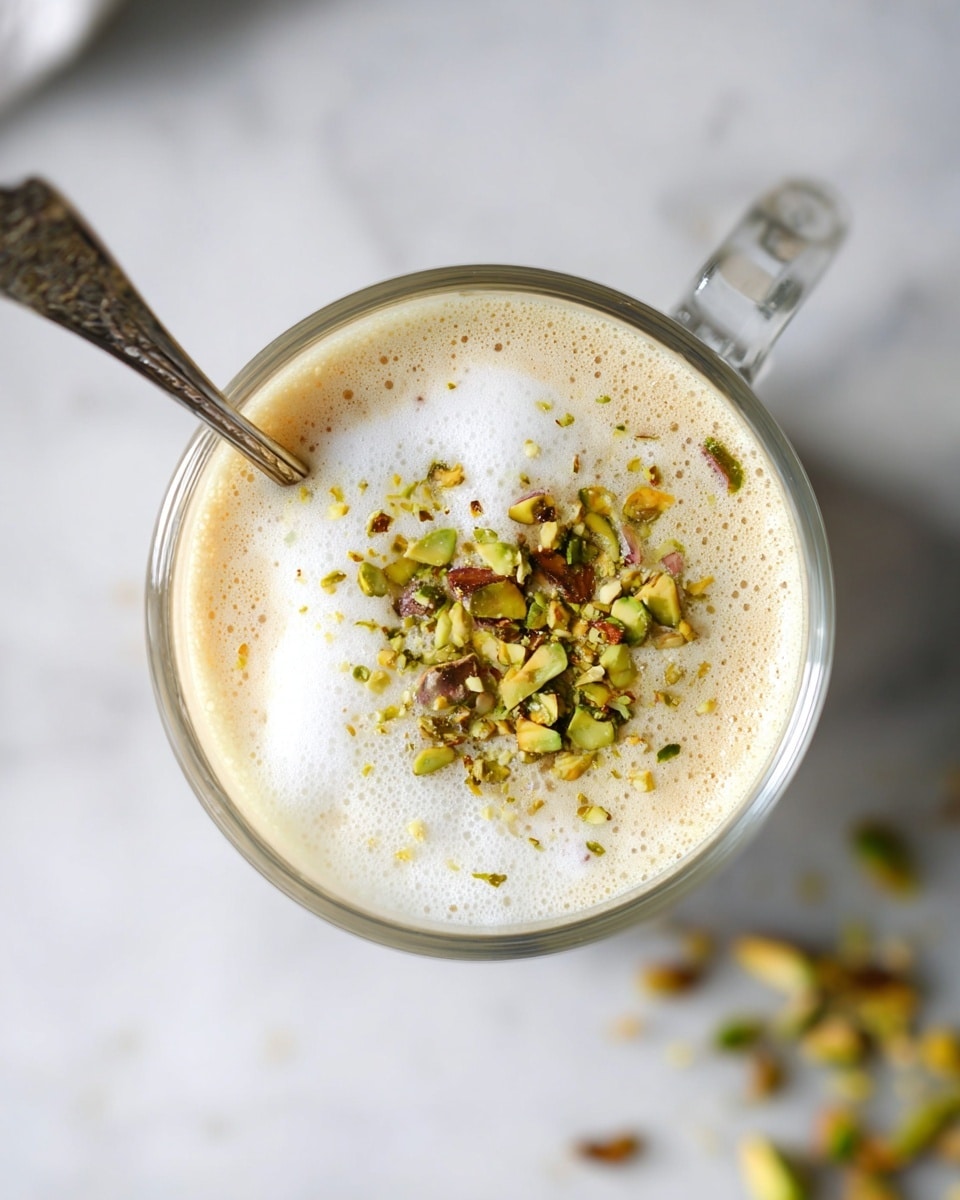 A top view of a clear glass cup filled with a frothy light tan drink, topped with a thick layer of white foam sprinkled with small pieces of chopped green and brown nuts, likely pistachios. A silver spoon with an ornate handle is placed inside the cup on the left side. The cup is set on a white marbled surface with soft natural lighting casting gentle shadows. Photo taken with an iphone --ar 4:5 --v 7