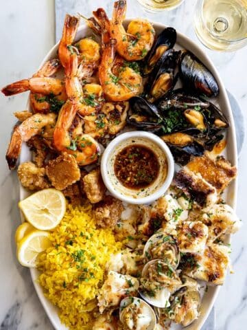 Mediterranean Seafood Platter with Garlic Butter Shrimp, Lobster Tails, Mussels, and Fried Calamari Recipe