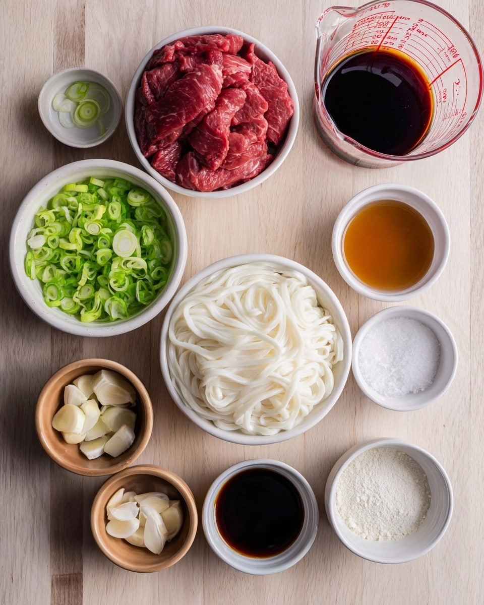 This image shows a top view of several small white bowls on a white marbled surface, each holding different cooking ingredients. At the center bottom, a bowl holds a nest of white udon noodles with a smooth, soft texture. Above it, a white bowl contains raw red beef slices with a fresh, rich color. To the left is a white bowl of sliced green onions with a fresh, bright green color, and next to it, a brown bowl holds sliced garlic pieces. On the right, there are small white bowls filled with white salt and white powdery flour-like ingredient. Two brown bowls contain a light brown liquid, and two other white bowls contain dark soy sauce. Near the top right is a clear plastic measuring cup with water marked in red. Photo taken with an iphone --ar 4:5 --v 7