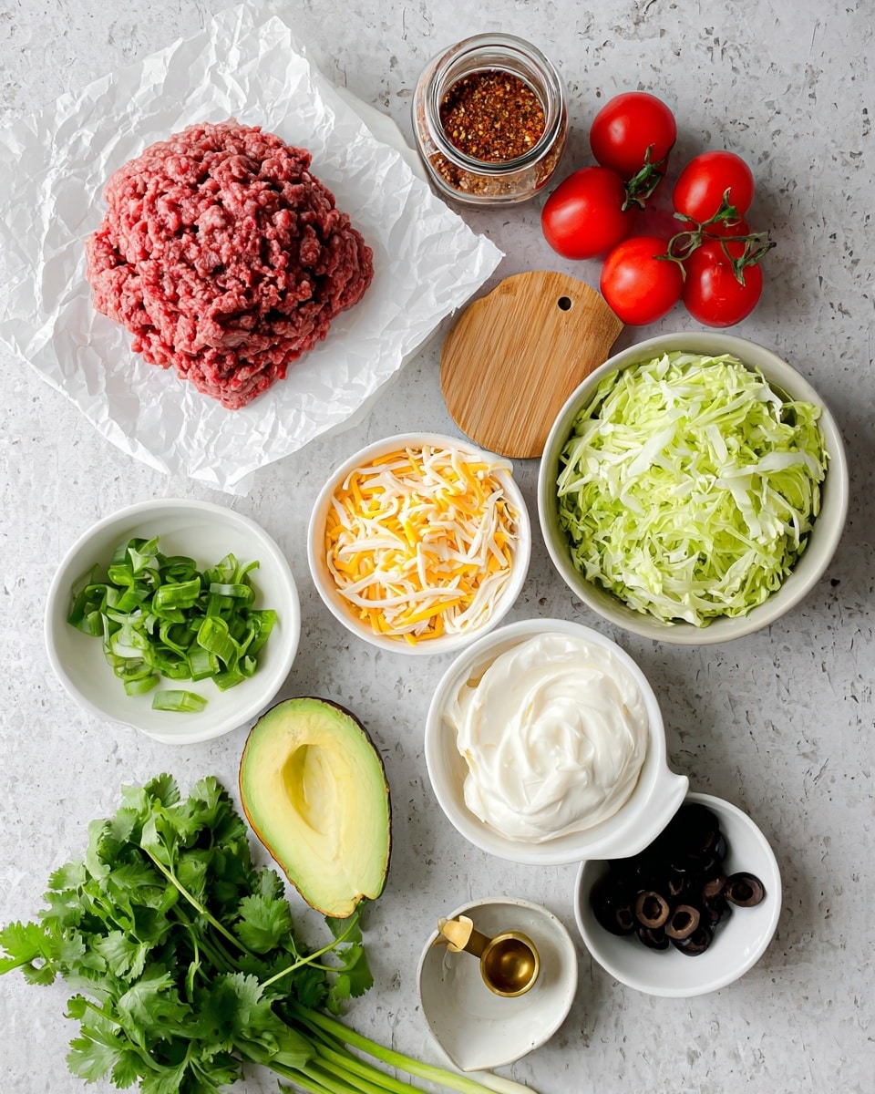 The image shows a white round plate with crumpled white paper holding a stack of raw red ground meat at the top left. To its right, there is a small clear jar with reddish-brown spices and a golden scoop inside, next to a wooden lid. Below, a white bowl with a handle is filled with smooth, white cream cheese. To the left, a small bowl full of shredded yellow and white cheese sits above another bowl filled with finely shredded light green lettuce. Bright red cherry tomatoes on their vine rest beside the cream cheese, next to three long green scallions. At the bottom center, an avocado is cut in half showing yellow-green flesh with a dark brown seed in one half. A small white bowl containing black olive slices is positioned below the avocado. Fresh green cilantro leaves fill the bottom left corner. All items are arranged on a white marbled surface photo taken with an iphone --ar 4:5 --v 7