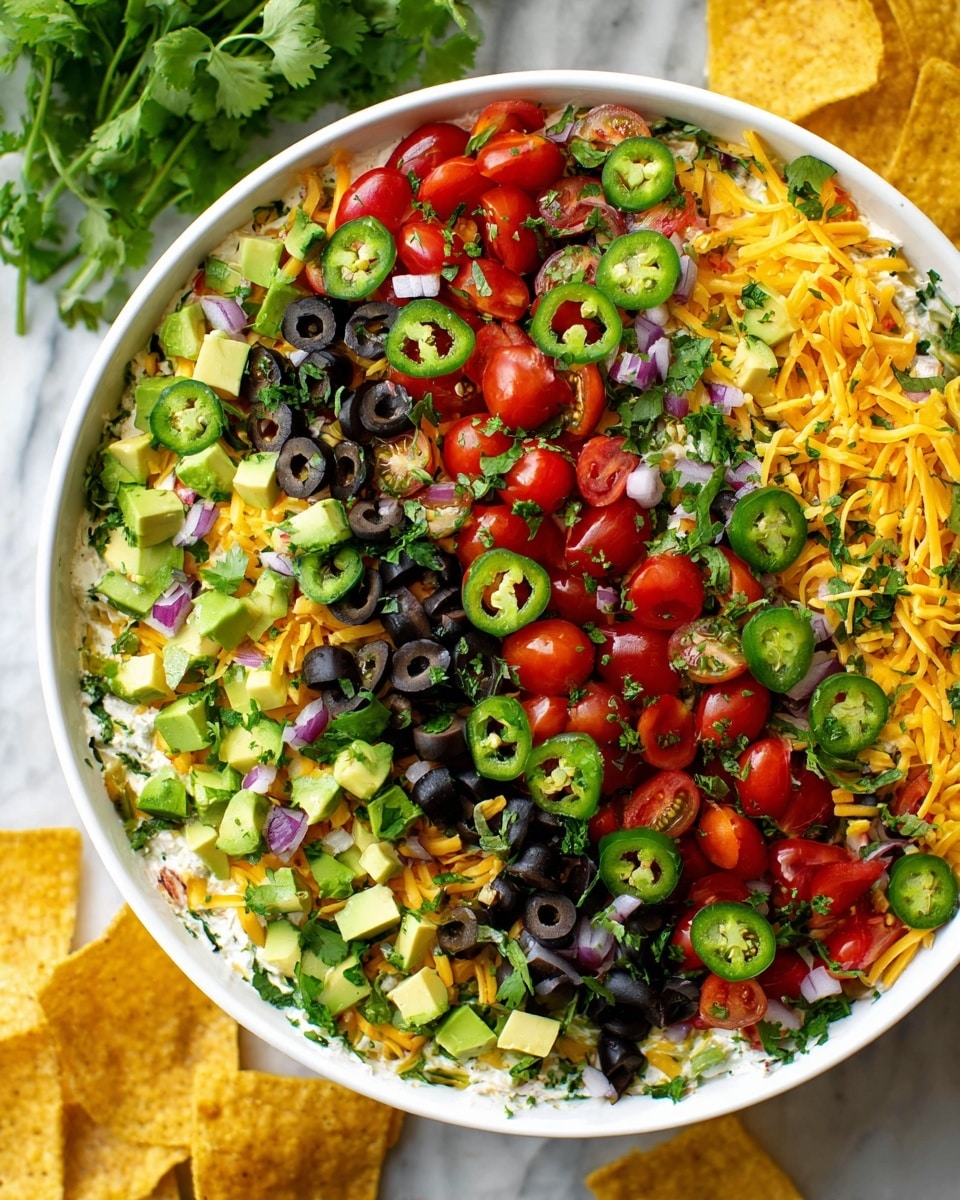 A large white bowl filled with a layered dip, starting with a base layer of creamy white, topped by a layer of shredded yellow and white cheese. Above that are small bright red cherry tomato halves scattered evenly. There are many diced green avocado pieces and black olive slices spread across the top. Sliced green jalapeño rounds and finely chopped red onions are mixed throughout, along with chopped green herbs sprinkled on the surface. The bowl is placed on a white marbled texture with some yellowish tortilla chips partially visible on the side and fresh green herbs nearby. Photo taken with an iphone --ar 4:5 --v 7