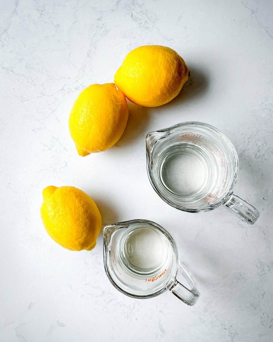 The image shows three bright yellow lemons placed close together on a white marbled surface in the top half of the picture. Below them, there are two clear glass measuring cups with handles, both filled with clear liquid, positioned diagonally from each other on the white marbled surface, giving a clean and fresh feel to the arrangement. photo taken with an iphone --ar 4:5 --v 7