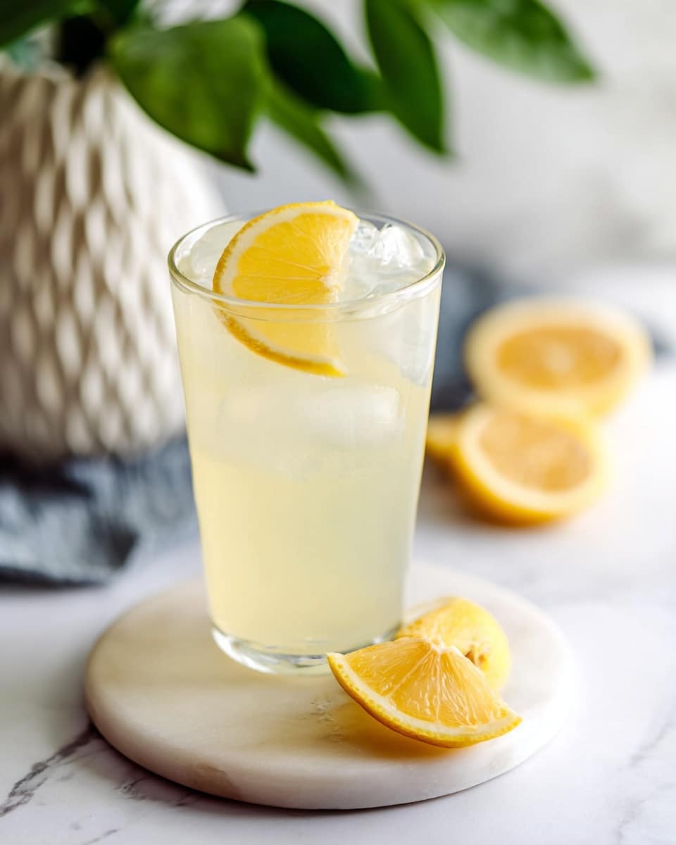 A clear glass filled with pale yellow lemonade and ice cubes, with a bright yellow lemon slice placed inside near the top. The glass sits on a round white marble coaster. Two lemon slices, one slightly peeled, are placed on the white marble surface next to the glass. The background shows blurred green leaves and a white textured vase, all on a white marbled surface. Photo taken with an iphone --ar 4:5 --v 7