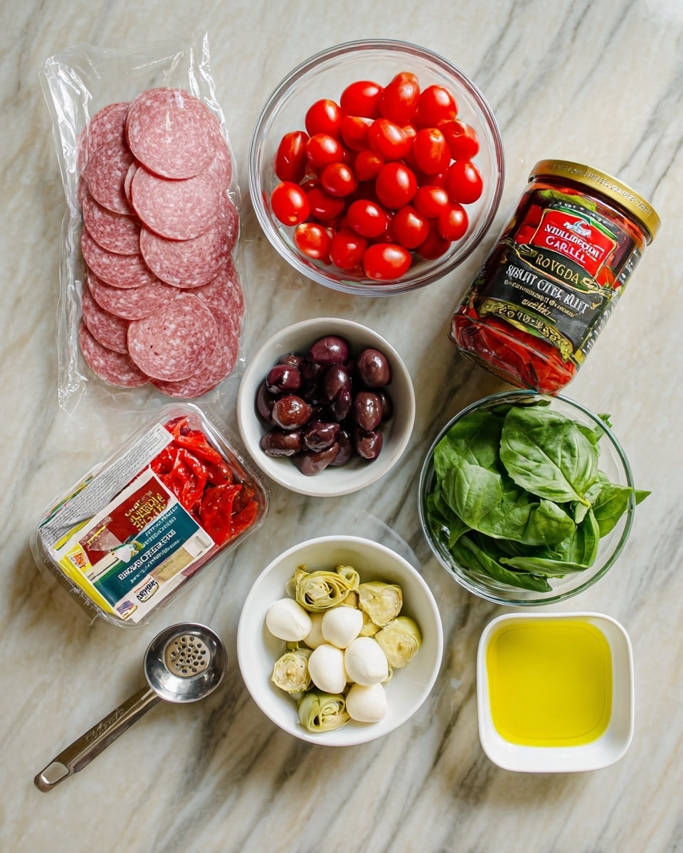 The image shows various ingredients arranged on a white marbled surface: a clear plastic package of thinly sliced pinkish-red Genoa salami lies on the left, next to a clear glass bowl filled with bright red cherry tomatoes. Below the tomatoes, there is a small white bowl holding dark purple olives. To the right, a jar of roasted red peppers with a gold lid and a label is placed. Next to the jar, a silver measuring spoon contains small white mozzarella balls. A clear container holds fresh green basil leaves on the far right. Below the basil, a small white bowl contains light green marinated artichoke hearts, and next to it, a small white square bowl filled with golden yellow olive oil completes the arrangement. The photo taken with an iphone --ar 4:5 --v 7