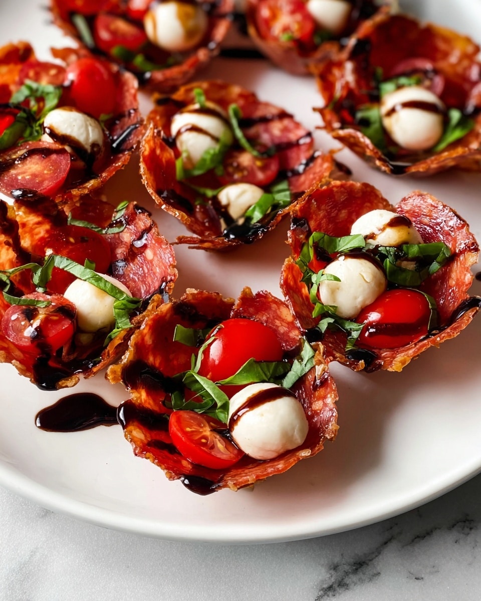 The image shows several small cups made from thin, crispy red slices of pepperoni that form a bowl shape, each filled with three small white mozzarella balls, bright red chopped cherry tomatoes, and thin green basil strips. The cups are drizzled generously with thick dark brown balsamic glaze. The pepperoni cups are arranged closely together on a smooth white plate, which sits on a white marbled surface. The colors are bright and the textures contrast between crispy, smooth, and juicy layers. photo taken with an iphone --ar 4:5 --v 7