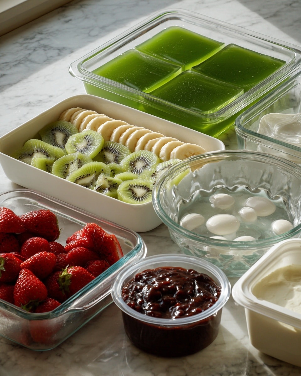 The image shows a close-up of several containers and bowls on a white marbled surface. On the left, a white rectangular glass dish holds sliced strawberries, green kiwi discs, and banana slices arranged in neat rows. Behind it, there is a clear glass dish with a shiny, smooth green jelly cut into square pieces. To the right of the jelly, a clear scalloped glass bowl contains a clear liquid with round, white rice cake pieces floating inside. In the front right corner, a small container of vanilla Häagen-Dazs ice cream is open with a smooth surface visible. Next to it, a white plastic container is filled with dark red bean paste, showing a textured surface. The scene is well lit with natural light, highlighting the fresh and colorful ingredients. Photo taken with an iphone --ar 4:5 --v 7