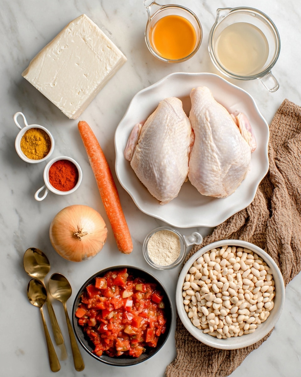 A white bowl holds two raw chicken pieces with pale pink smooth skin, positioned side by side. Around it are several clear glass measuring cups containing liquids: one light tan, one bright orange, and one white. A white scalloped-edge bowl holds chunky red tomato pieces with some green specks. Below that is a whole onion with light brown skin and a long orange carrot. To the left are small white measuring cups with red, yellow, and green powders arranged vertically. A small black bowl contains light beige powder. On the bottom right, a larger white bowl is filled with pale beige beans. A clear plate with a large white slab of cheese sits near a brown textured cloth. Three gold spoons rest by the cheese plate. All items lay on a white marbled surface photo taken with an iphone --ar 4:5 --v 7