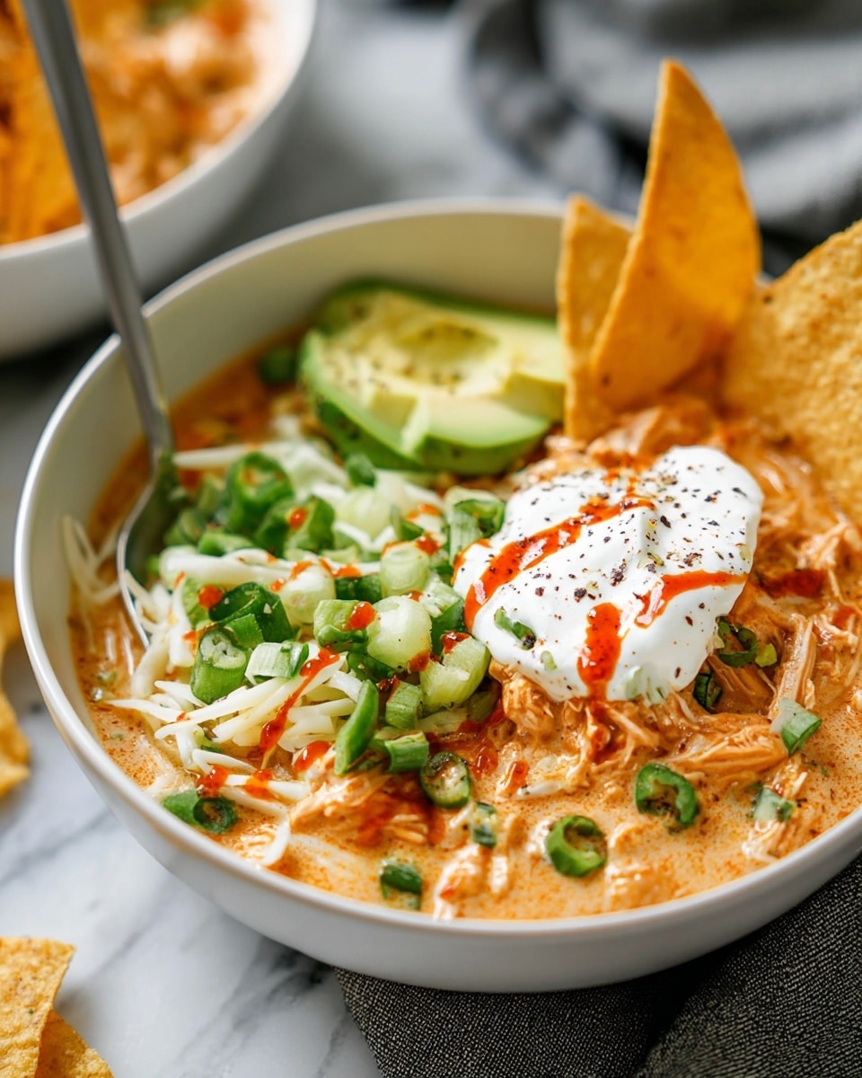 In a white bowl, there is a creamy, orange-colored stew with visible shredded pieces, topped with a dollop of white sour cream with black pepper and red hot sauce drizzled on top. To the right side of the bowl, two golden-brown tortilla chips stand upright. On the left side, there is a layer of shredded white cheese and bright green chopped scallions, along with a smooth, light green half slice of avocado. The bowl is placed on a white marbled surface with a gray cloth napkin and additional tortilla chips nearby. Photo taken with an iphone --ar 4:5 --v 7