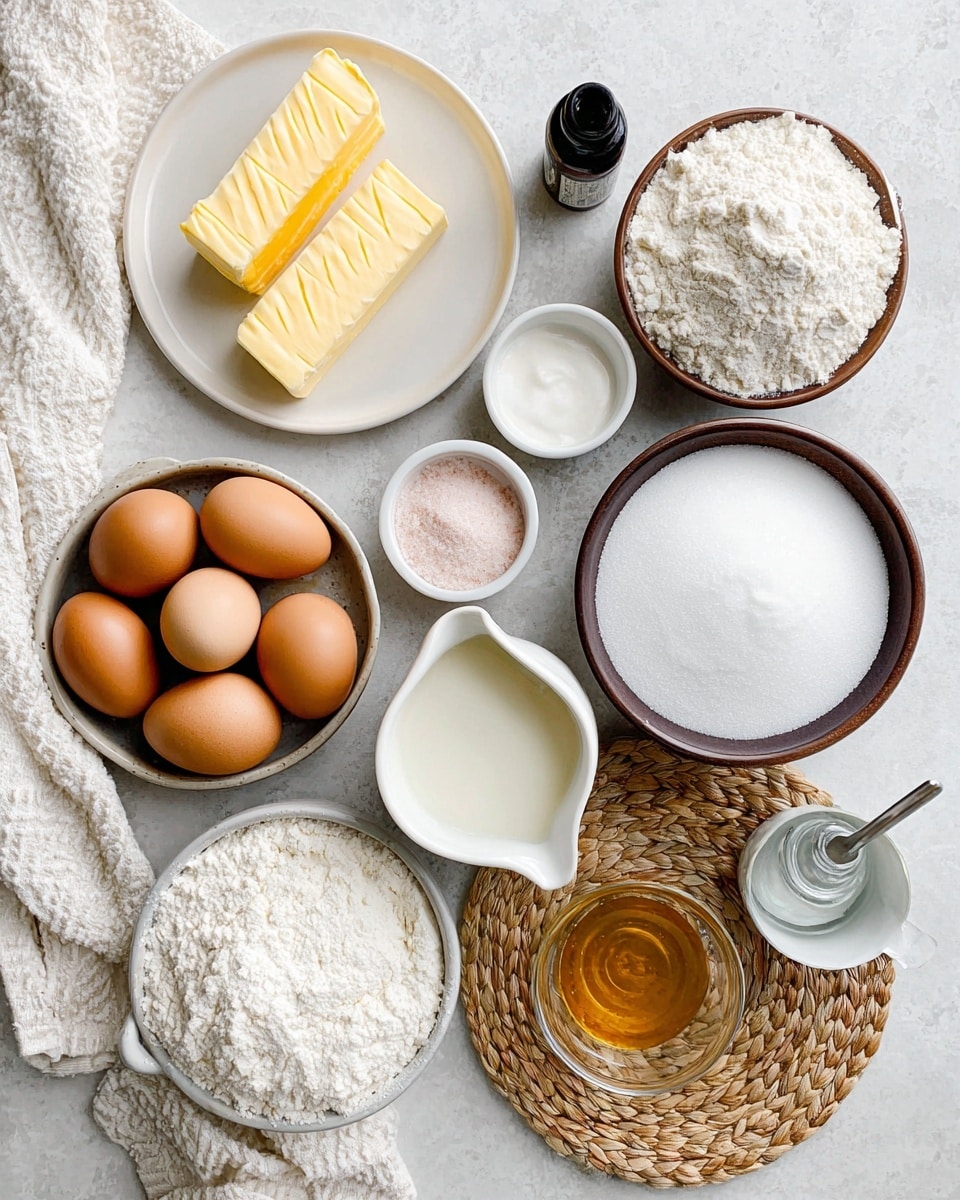 The image shows various baking ingredients neatly placed on a white marbled surface: a white plate with two sticks of yellow butter at top left, a brown bowl filled with white flour to the right, a small white bowl with pink salt above a small white bowl of baking soda, a white pitcher holding white milk, a white bowl filled with white sugar below the flour, a bowl with five brown eggs on the left side, a small clear measuring cup with clear liquid near the center, a white bowl with golden honey on a woven coaster at bottom right, and a small dark bottle of vanilla extract nearby; all ingredients are arranged in a casual but tidy layout with a textured white cloth partially showing at bottom left. Photo taken with an iphone --ar 4:5 --v 7
