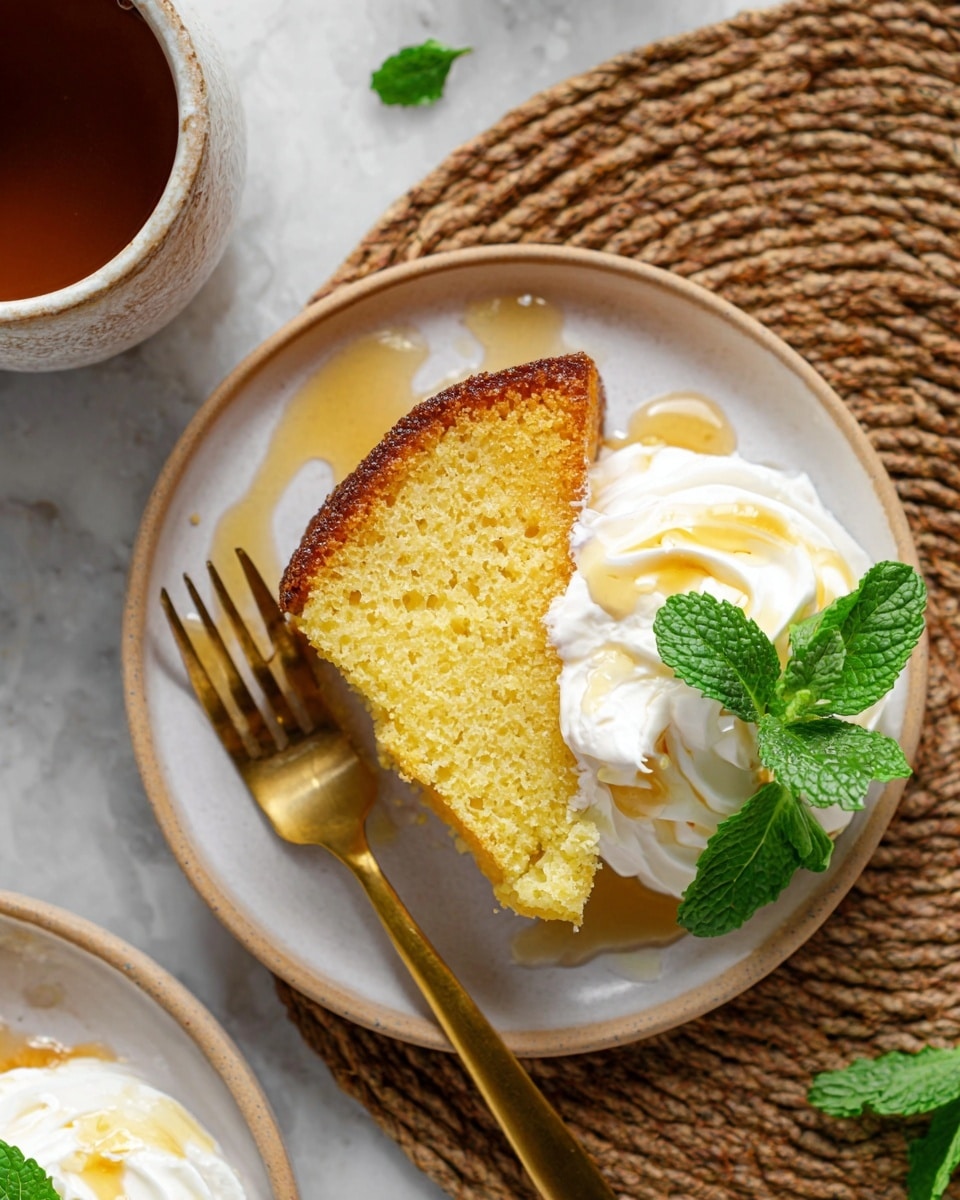 A single slice of light yellow cake with a golden brown crust sits on a white plate with a thin beige rim, resting on a woven brown placemat. The cake's texture looks soft and moist. Next to the cake is a swirl of white whipped cream drizzled with light golden syrup, topped with a small bunch of fresh green mint leaves. A golden fork lies to the left of the cake on the plate, and a cup of brown coffee or tea is partially visible in the top left corner. The setting is on a white marbled textured surface. Photo taken with an iphone --ar 4:5 --v 7