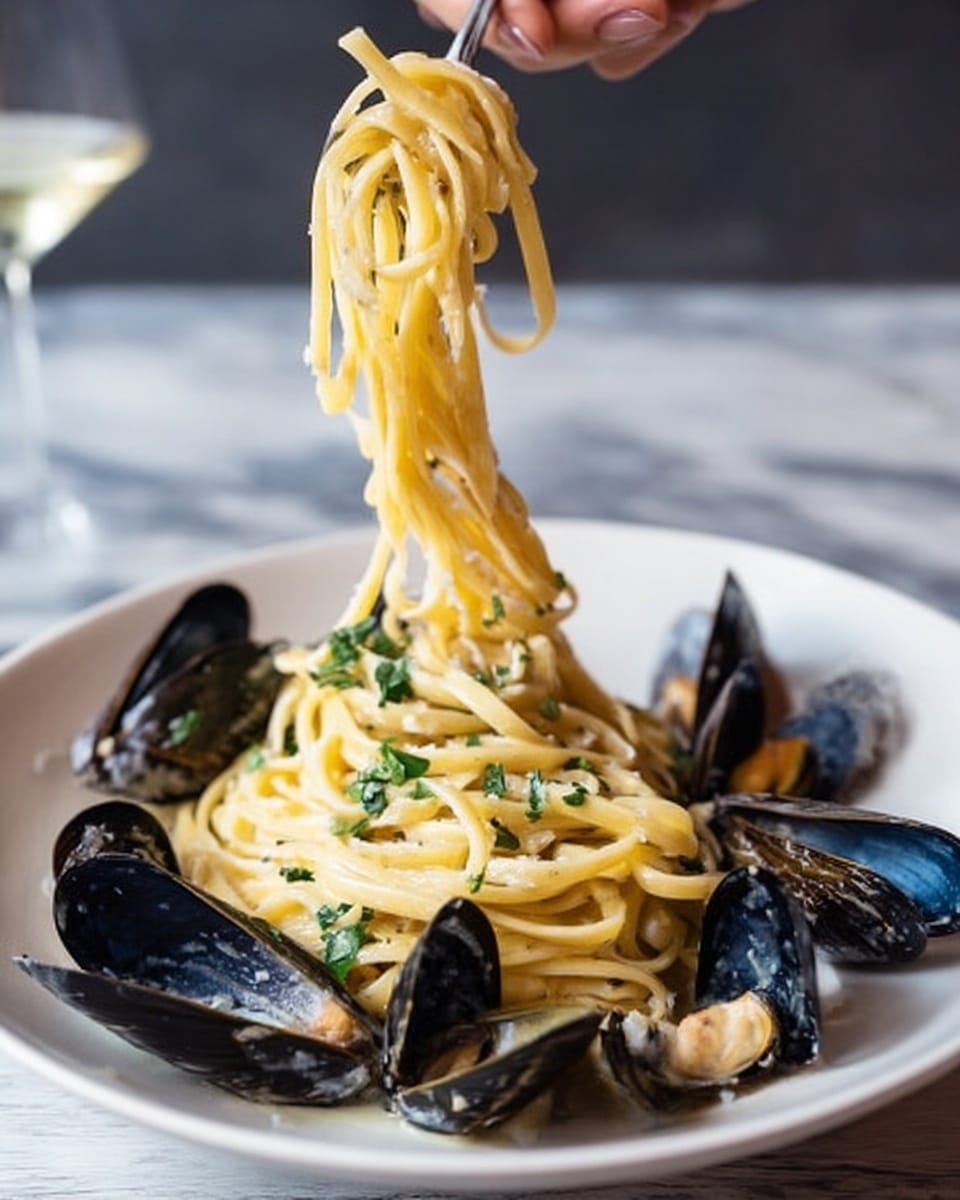 A white plate filled with creamy yellow pasta twisted in the air by a woman's hand, showing several long strands. The pasta sits in a light sauce with small green herb pieces scattered on top. Around and under the pasta are dark blue-black mussel shells, some open with beige meat visible inside. The background is a white marbled surface, and a glass is slightly visible out of focus in the top left corner. photo taken with an iphone --ar 4:5 --v 7