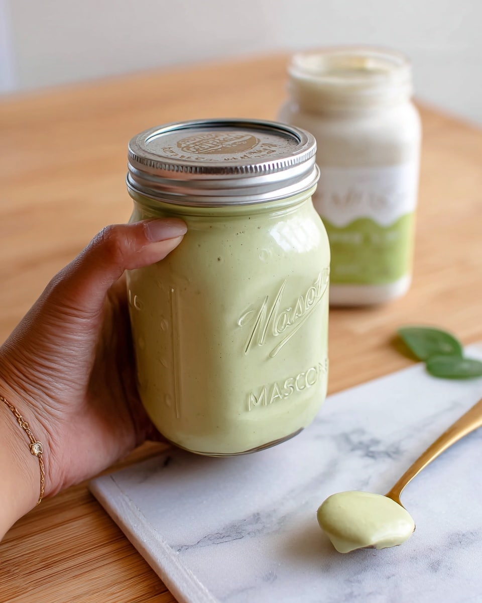 A woman's hand is holding a glass mason jar filled with a thick, creamy pale green sauce. The jar has a silver metal lid and the word