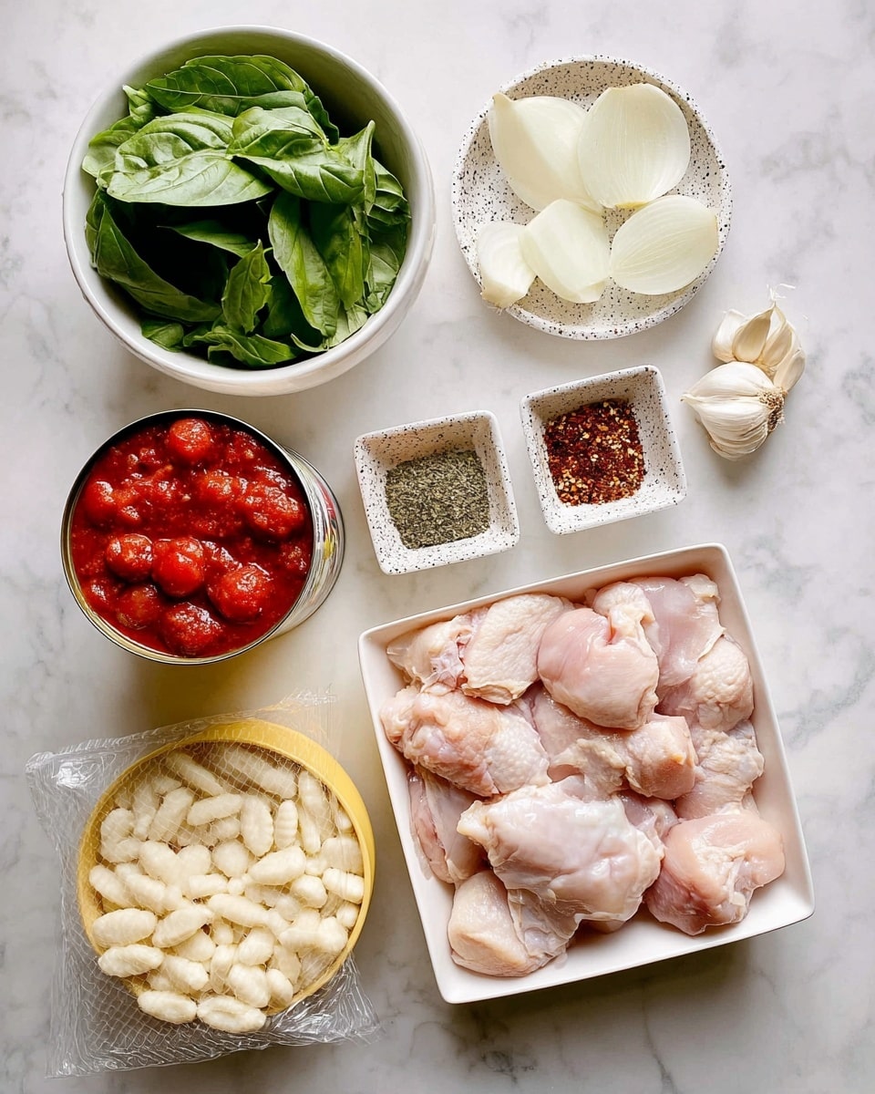The image shows an overhead view of raw ingredients arranged on a white marbled surface. In the bottom right, a white square bowl holds several pieces of raw chicken thighs, light pink with some fat. Above it, a white bowl is filled with fresh green basil leaves, layered thickly. To the left of the basil, a can of whole peeled tomatoes shows its bright red sauce with round tomato pieces. Above the tomato can, a small speckled white dish holds thinly sliced white onions and one whole garlic clove. Two small square containers next to it hold dried herbs and red chili flakes, dark green and red with seeds. Below these, a clear plastic package shows a layer of pale gnocchi dumplings with ridged textures. At the bottom left, a yellow round bowl contains crumbled white cheese. All ingredients are neatly spaced, highlighting fresh colors and textures. Photo taken with an iphone --ar 4:5 --v 7