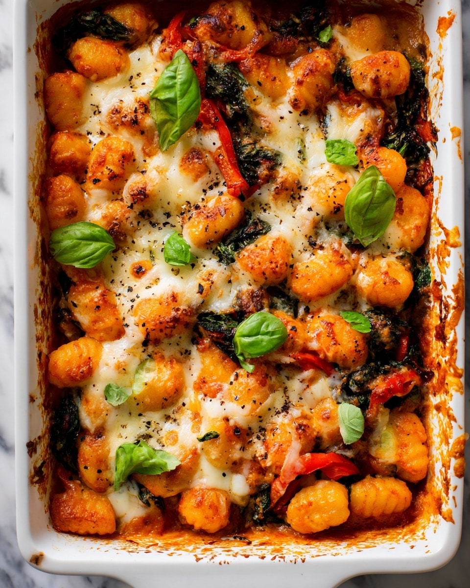A white rectangular baking dish filled with a baked gnocchi dish, showing three main layers: at the bottom, wilted dark green spinach leaves with some red bell pepper strips; in the middle, small gnocchi pieces coated in bright orange-red sauce and seasoning; on top, melted stretchy white cheese lightly browned and sprinkled with black pepper. Fresh, bright green basil leaves are scattered on the surface for garnish. The dish edges show some browned sauce residue. The background is a white marbled texture. Photo taken with an iphone --ar 4:5 --v 7