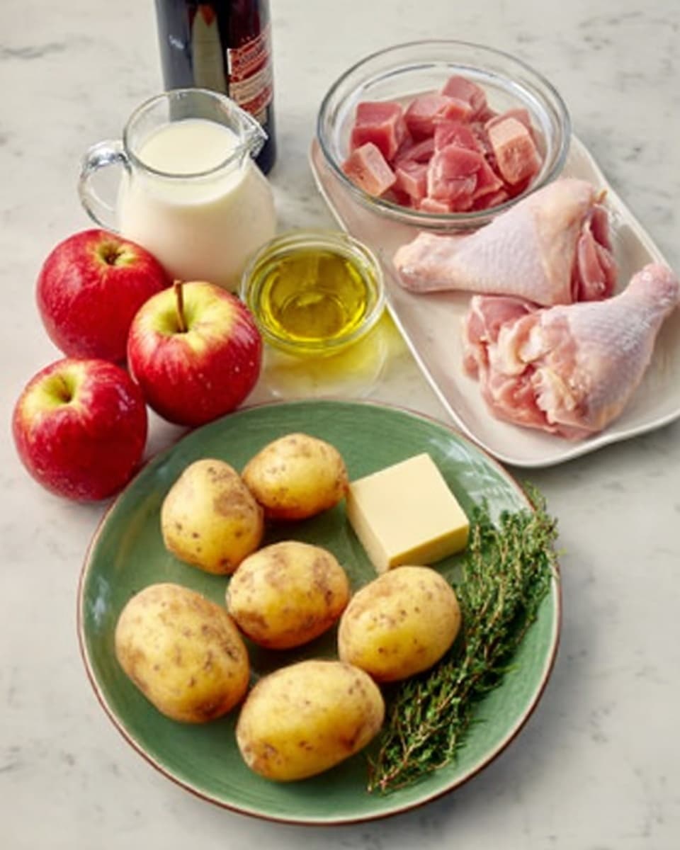 A round green plate holds four yellow potatoes with a rough skin, a small square of pale yellow butter, three red apples with small green leaves, a sprig of fresh green rosemary, a clear glass jug filled with white cream, and a clear glass jug with golden olive oil. Next to the plate is a white rectangular plate carrying three uncooked chicken thighs and a small clear bowl filled with pink raw meat cubes. Behind these plates is a dark bottle with a label. All items are placed on a white marbled surface. photo taken with an iphone --ar 4:5 --v 7